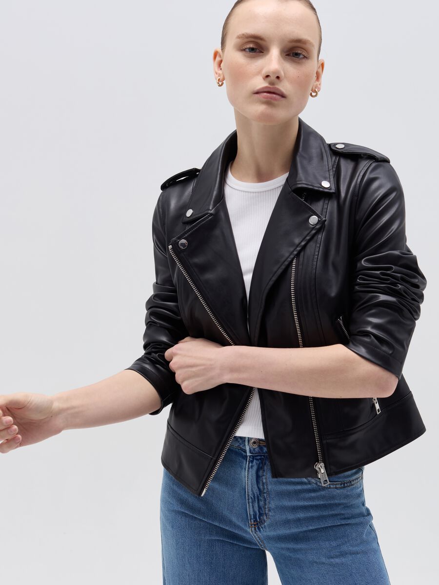 Glossy-effect biker jacket with zip_4