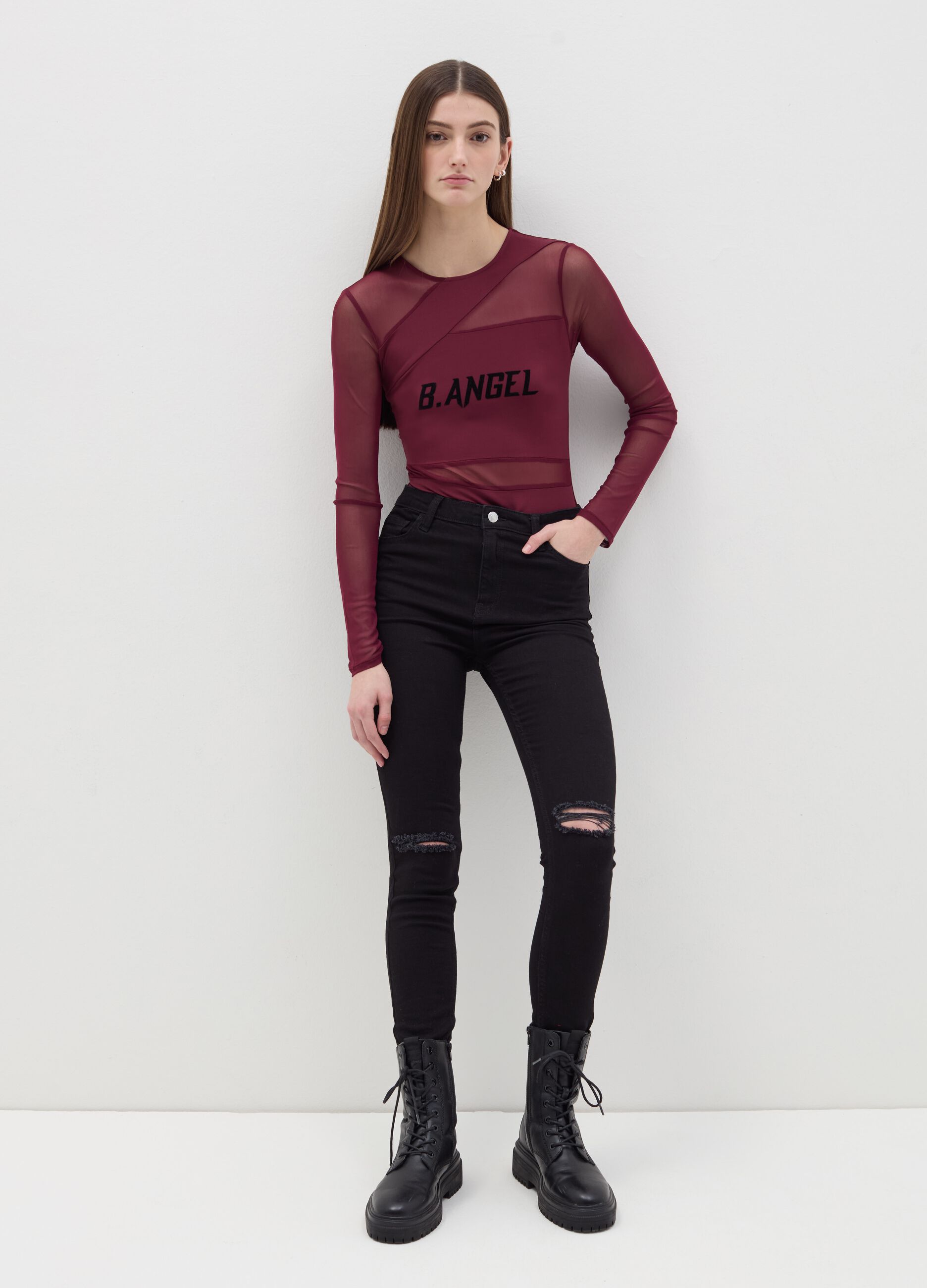 Body a maniche lunghe in mesh con stampa B.ANGEL X MARE FUORI