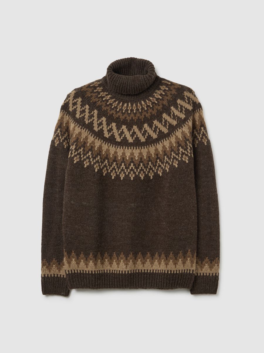 Regular fit brown turtleneck jumper with jacquard pattern_1