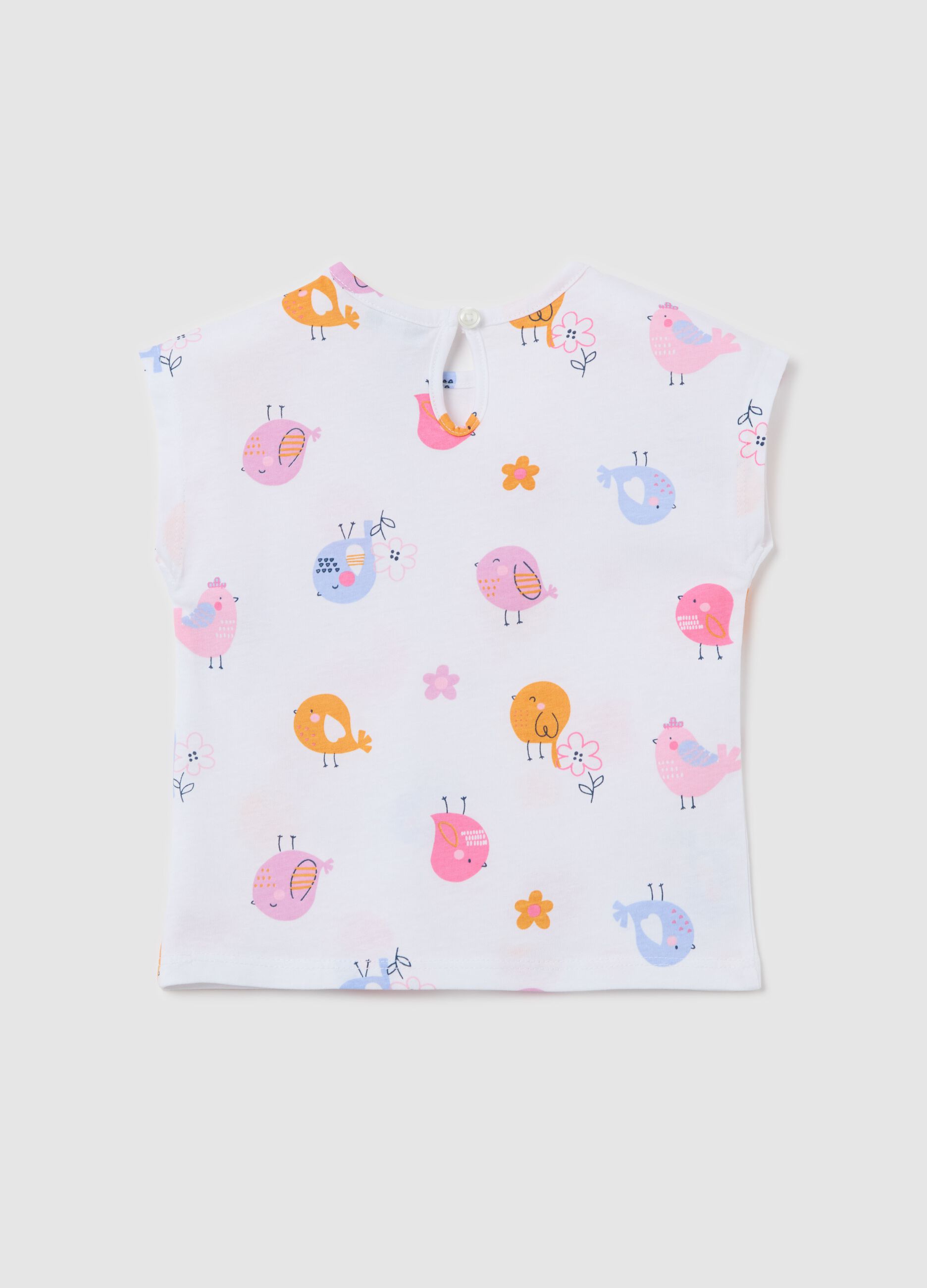 White cotton T-shirt with flowers and birds print