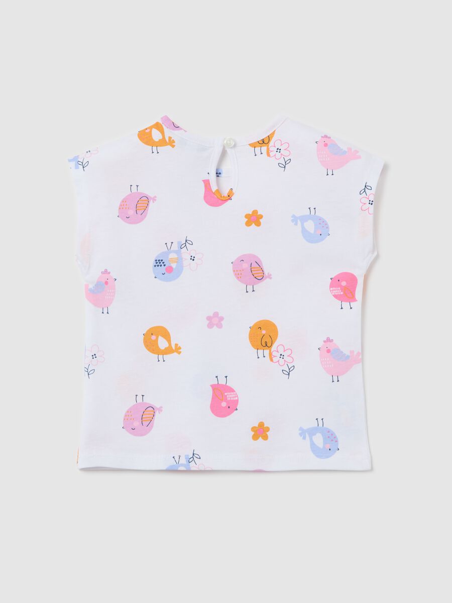 White cotton T-shirt with flowers and birds print_1