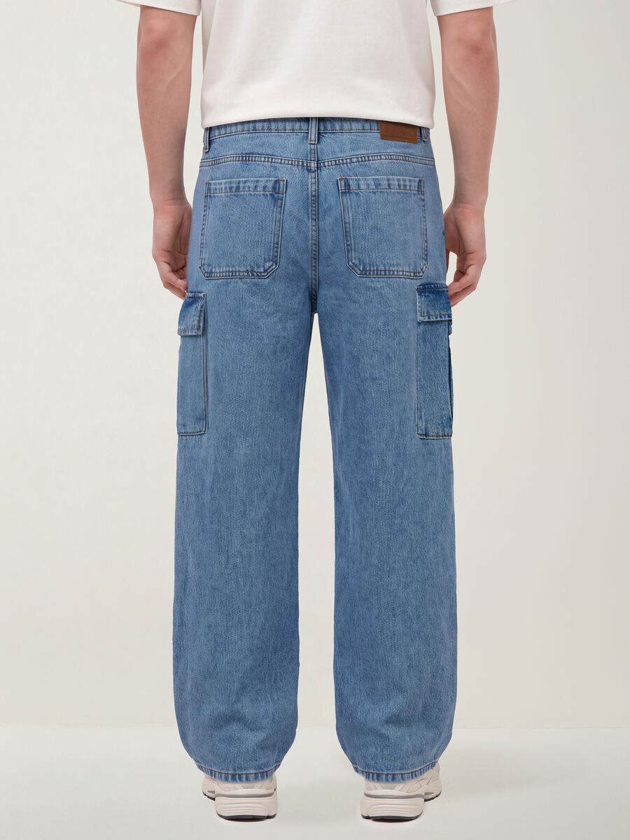 Blue pure cotton wide-leg cargo jeans_3