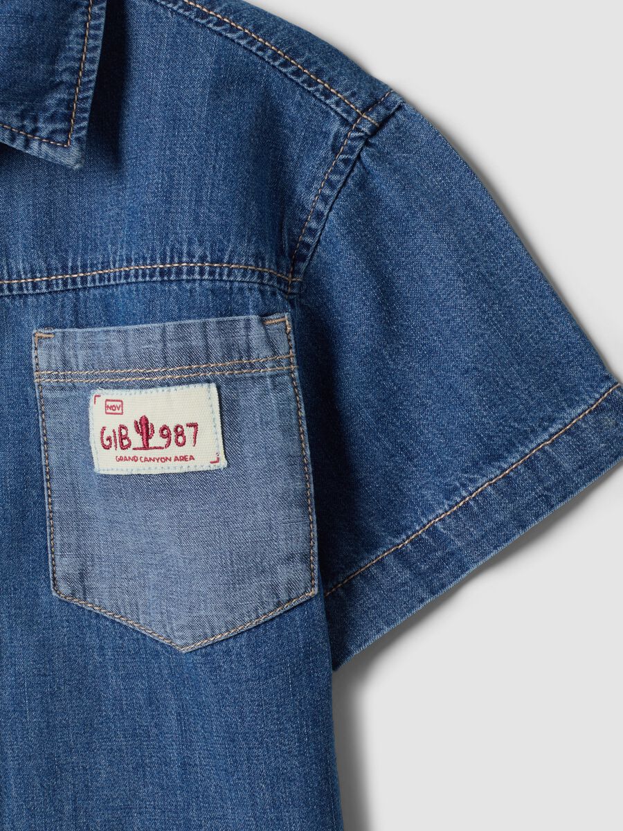 Blue denim short-sleeve pure cotton shirt_3