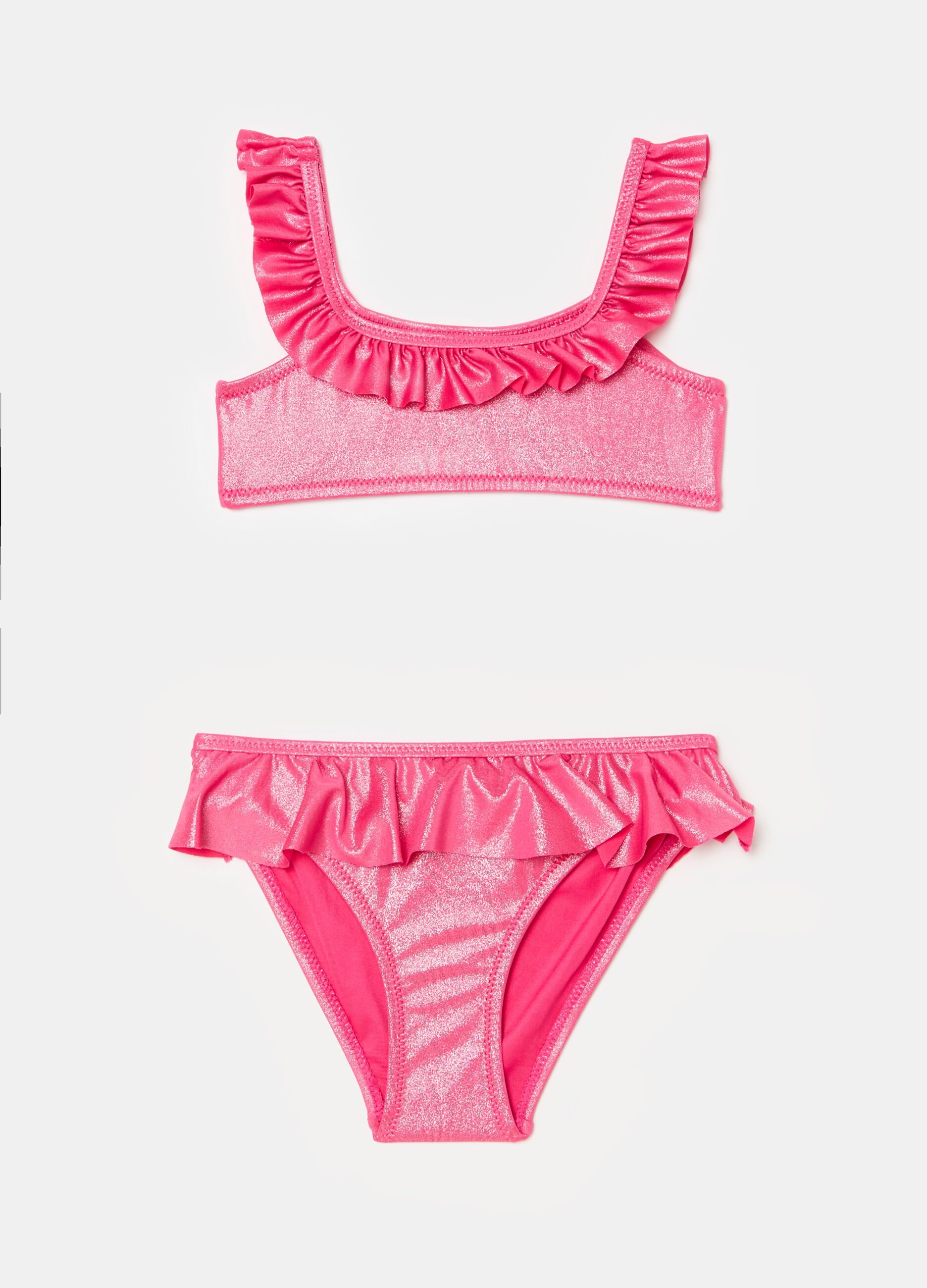 Shiny-effect bikini with flounce