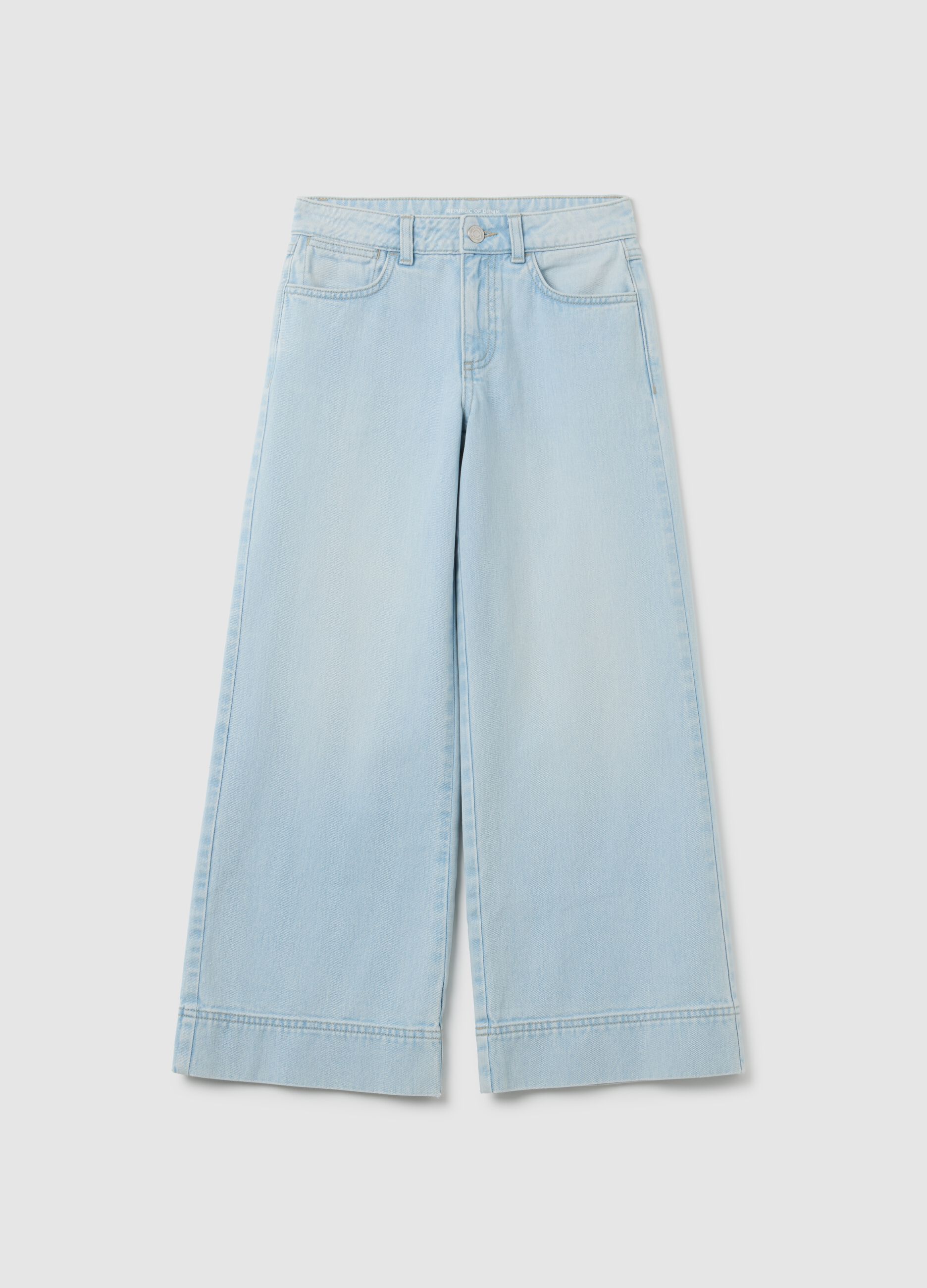 Jeans da ragazza in puro cotone azzurri a gamba larga