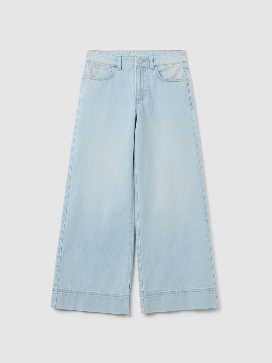 Jeans da ragazza in puro cotone azzurri a gamba larga_0