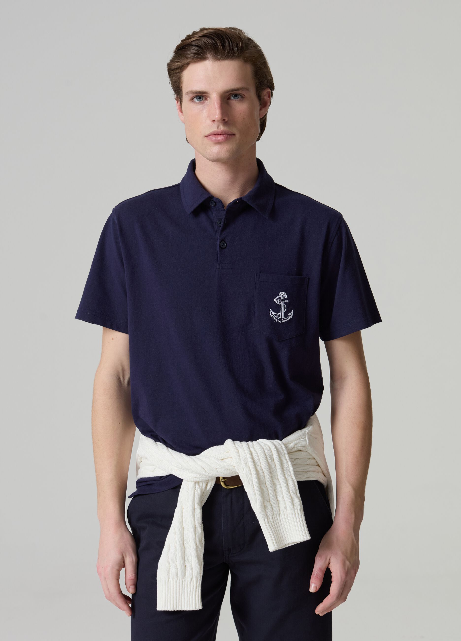 Piquet polo shirt with pocket and anchor embroidery