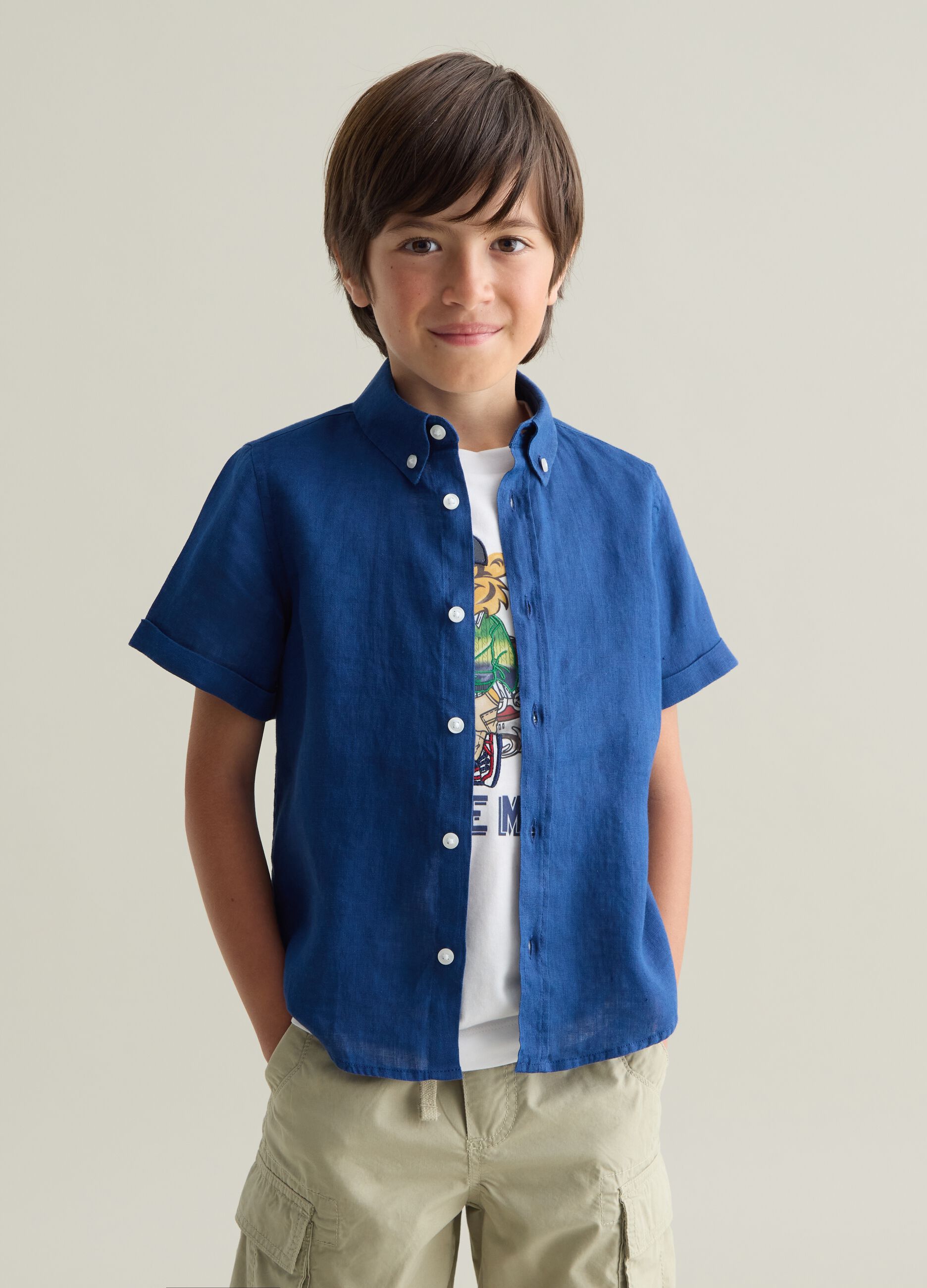 Children's blue pure linen shirt with oversized fit