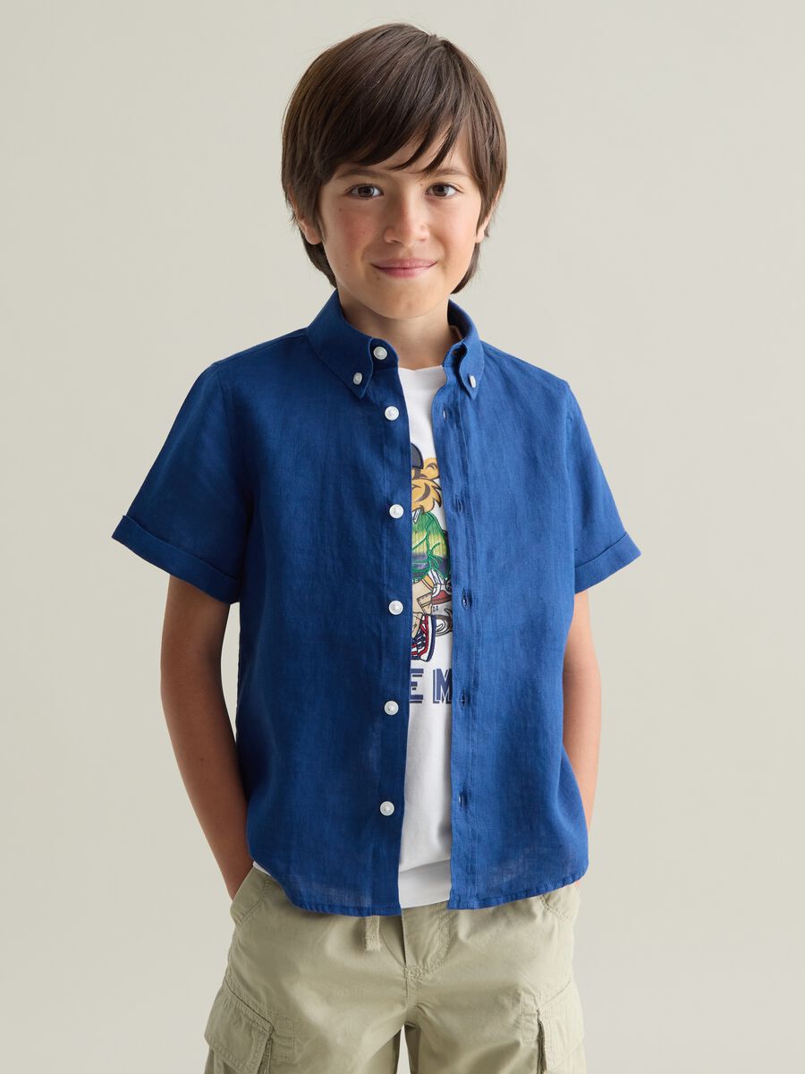 Children's blue pure linen shirt with oversized fit_0
