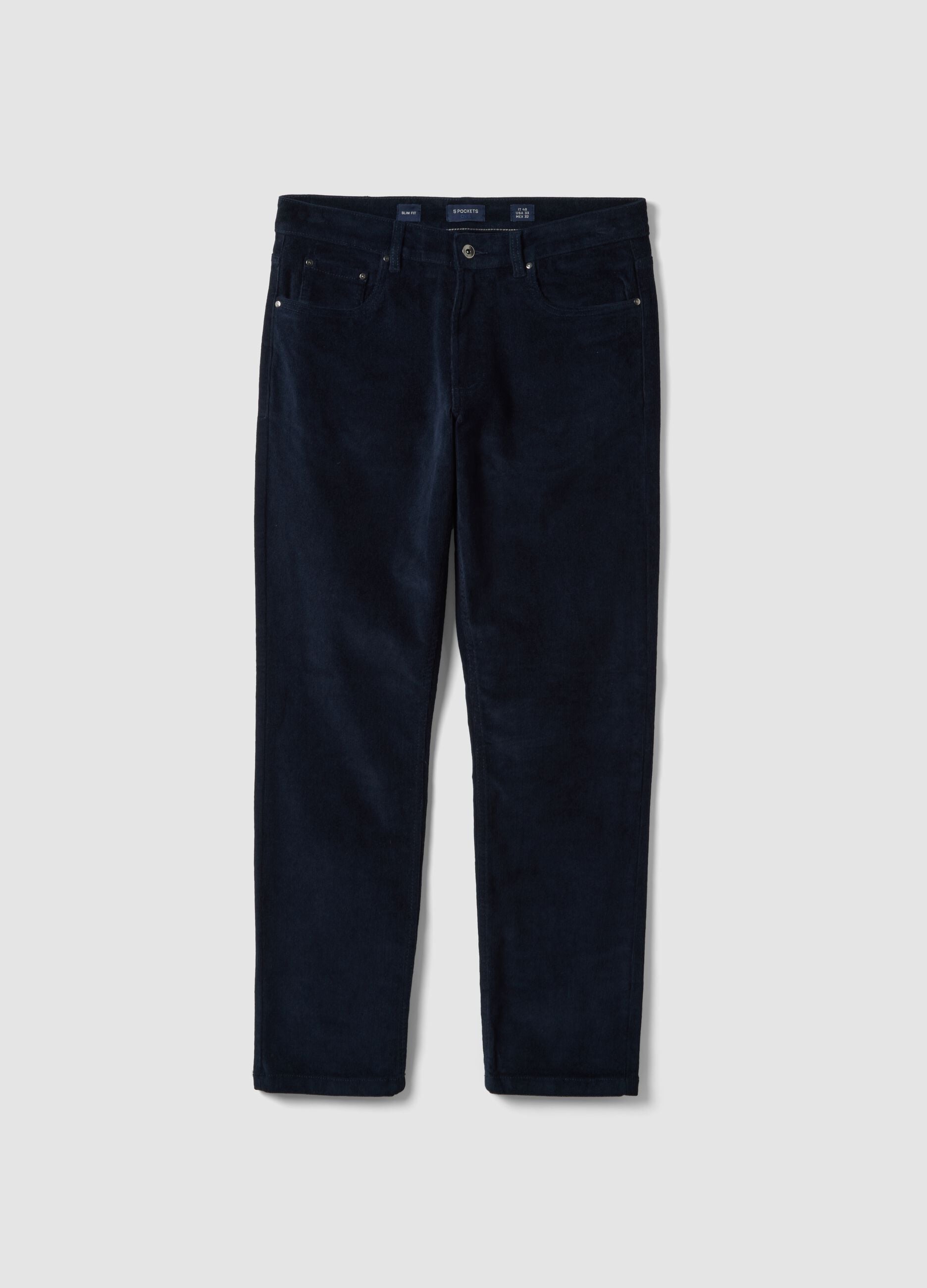 Pantaloni blu in cotone elasticizzato a coste slim fit