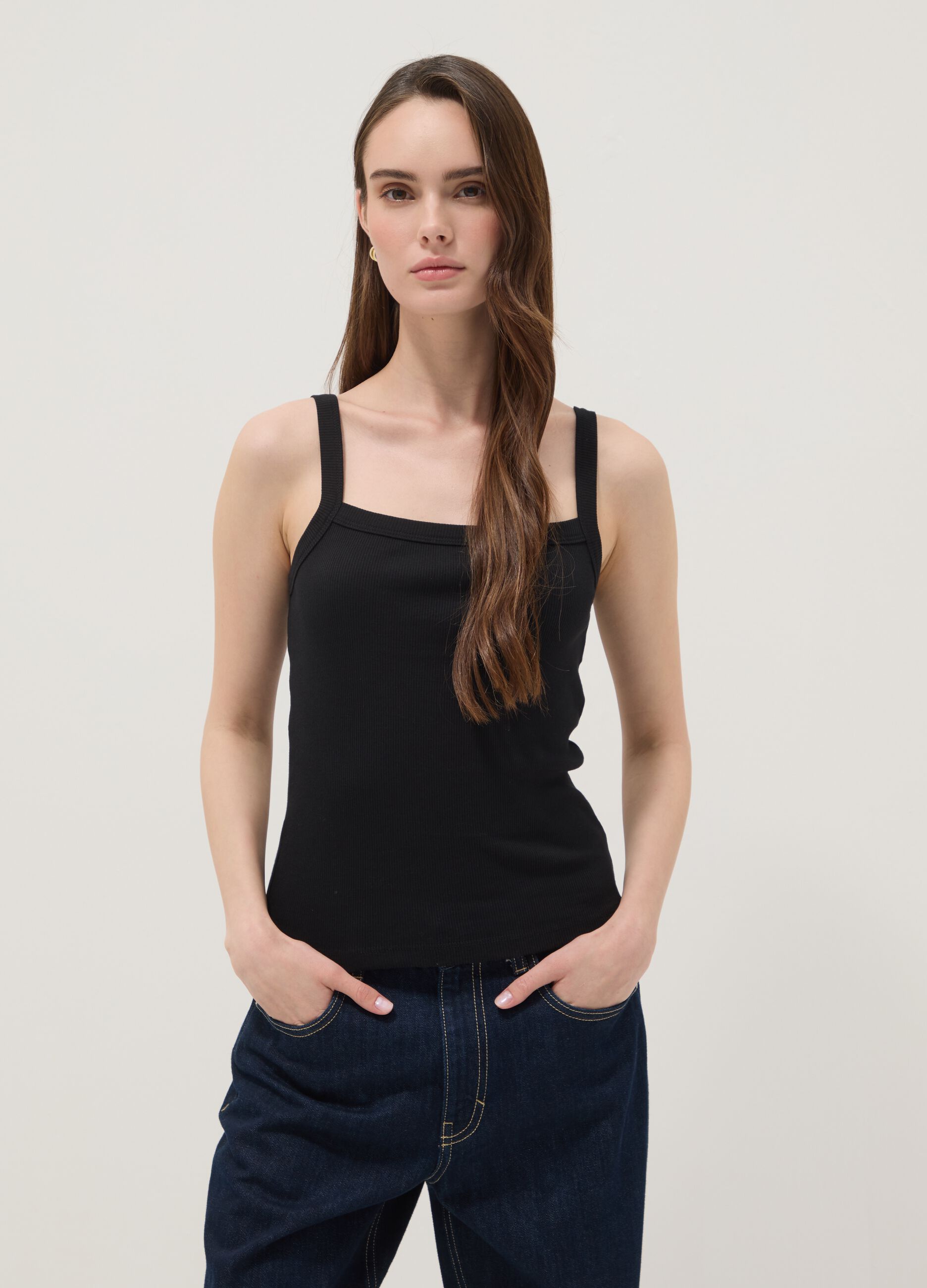 Black ribbed pure cotton tank top