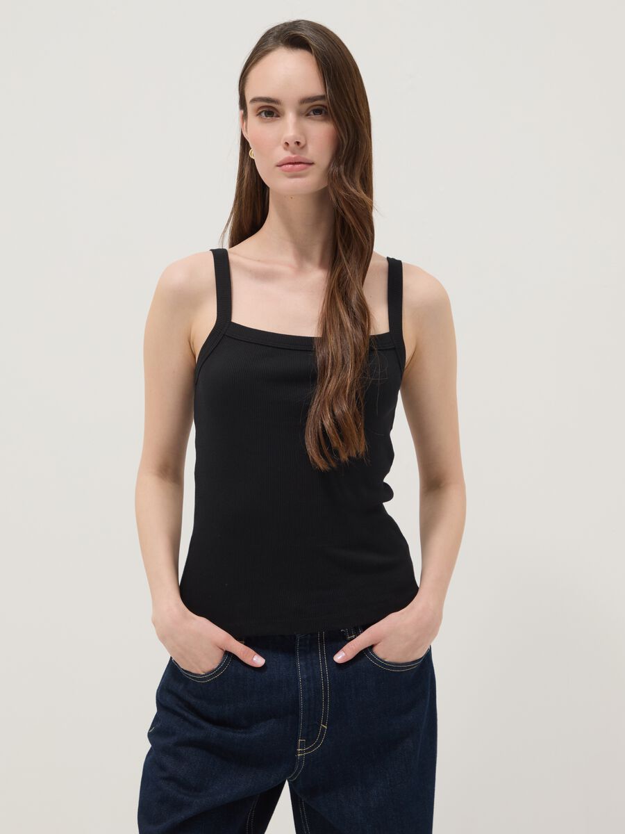 Tank top nero in puro cotone a costine_1
