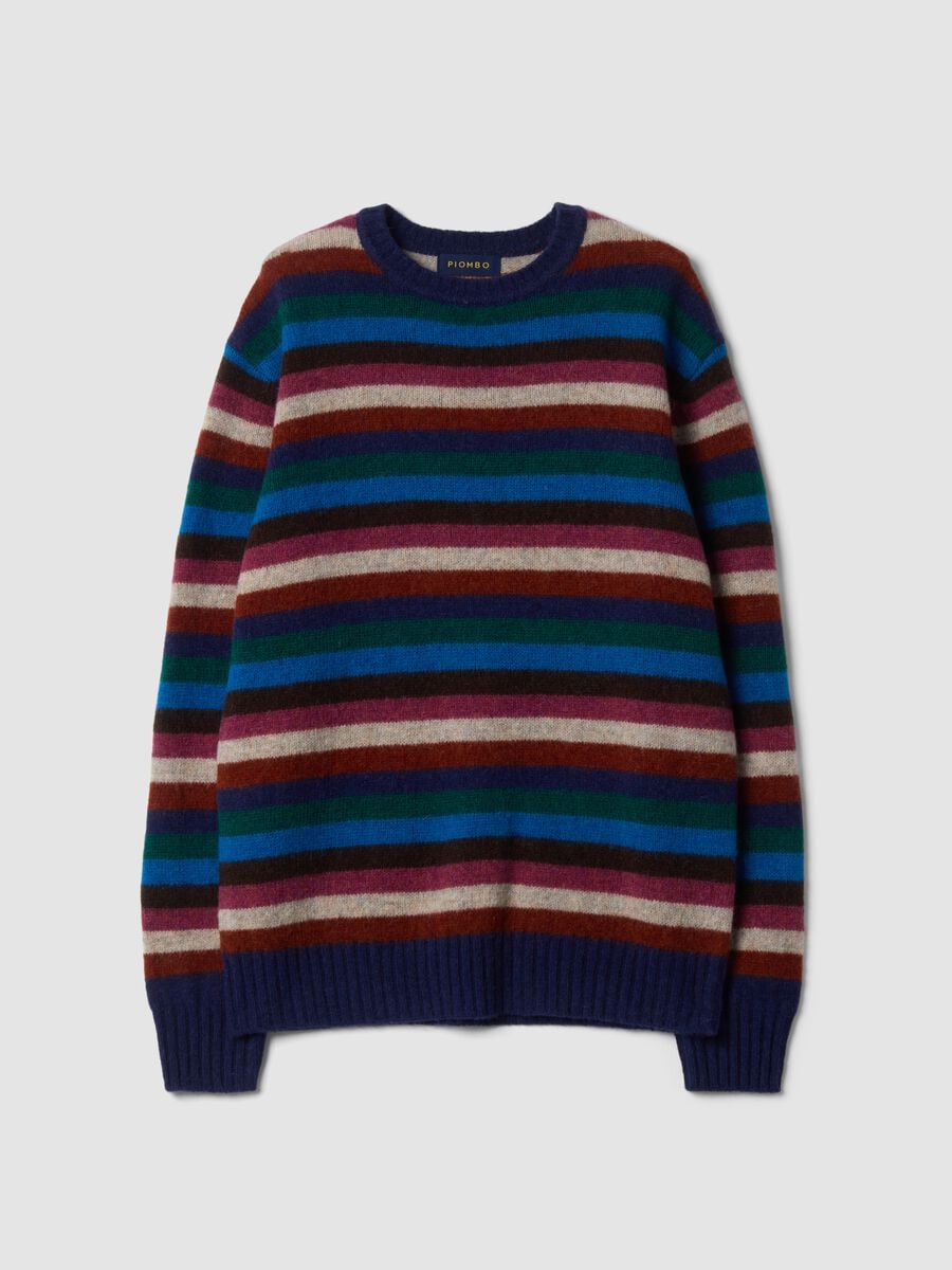 Maglione girocollo blu scuro a righe in pura lana_0