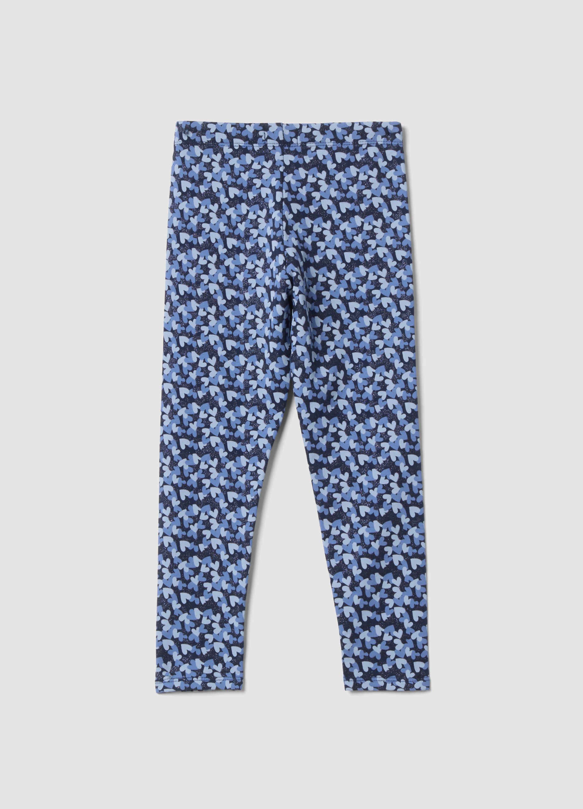 Leggings blu skinny in cotone organico elasticizzato con fantasia a cuori