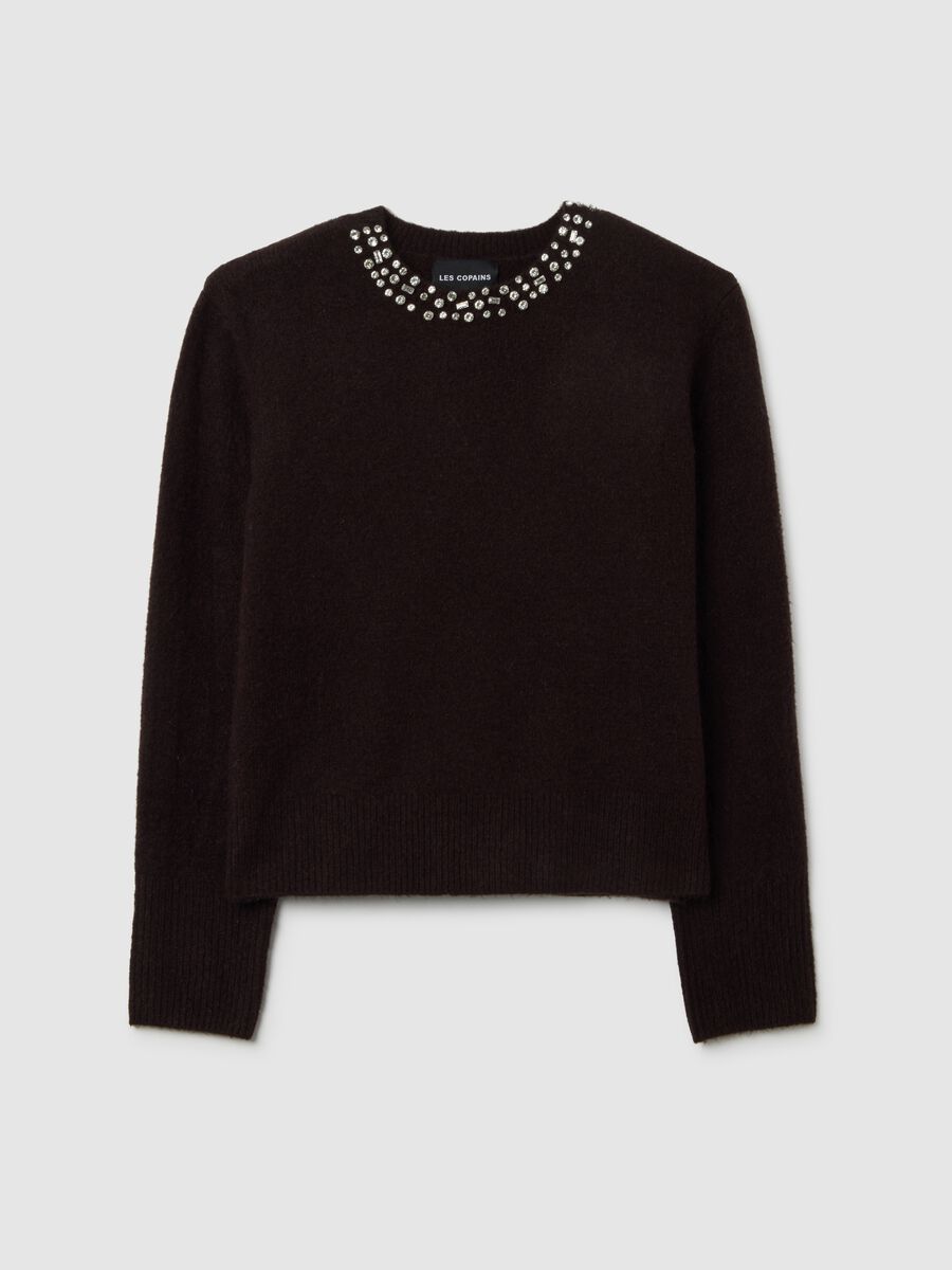 Brown regular fit sweater with jewel neckline_4
