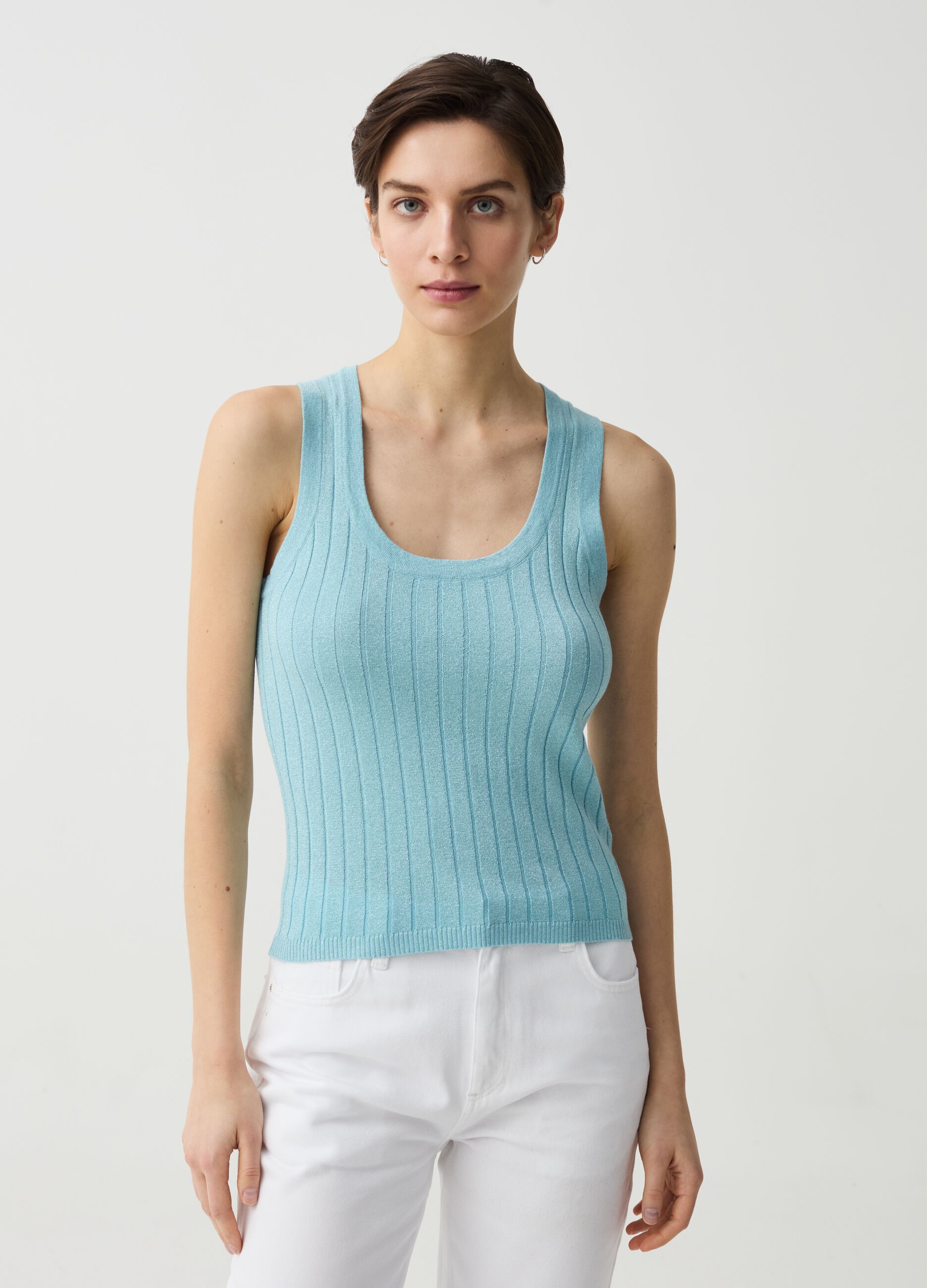 Tank top a coste piatte con lurex