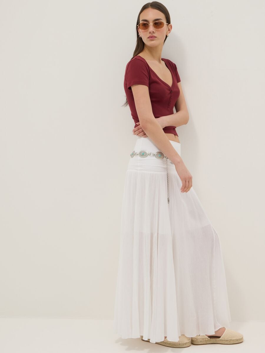 Gonna lunga in puro cotone bianca con vita elastica e trasparenze_2