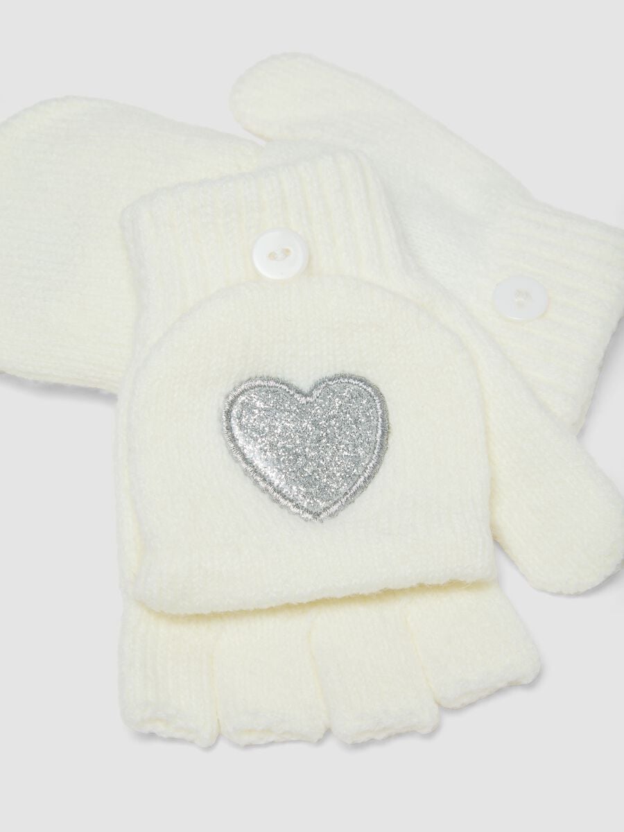 Cream White Stretch Fabric Gloves with Hearts_2