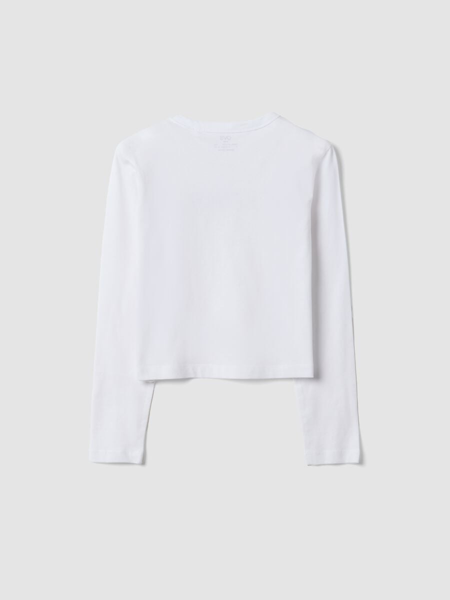White organic cotton cropped T-shirt with ribbed neckline for girls_2