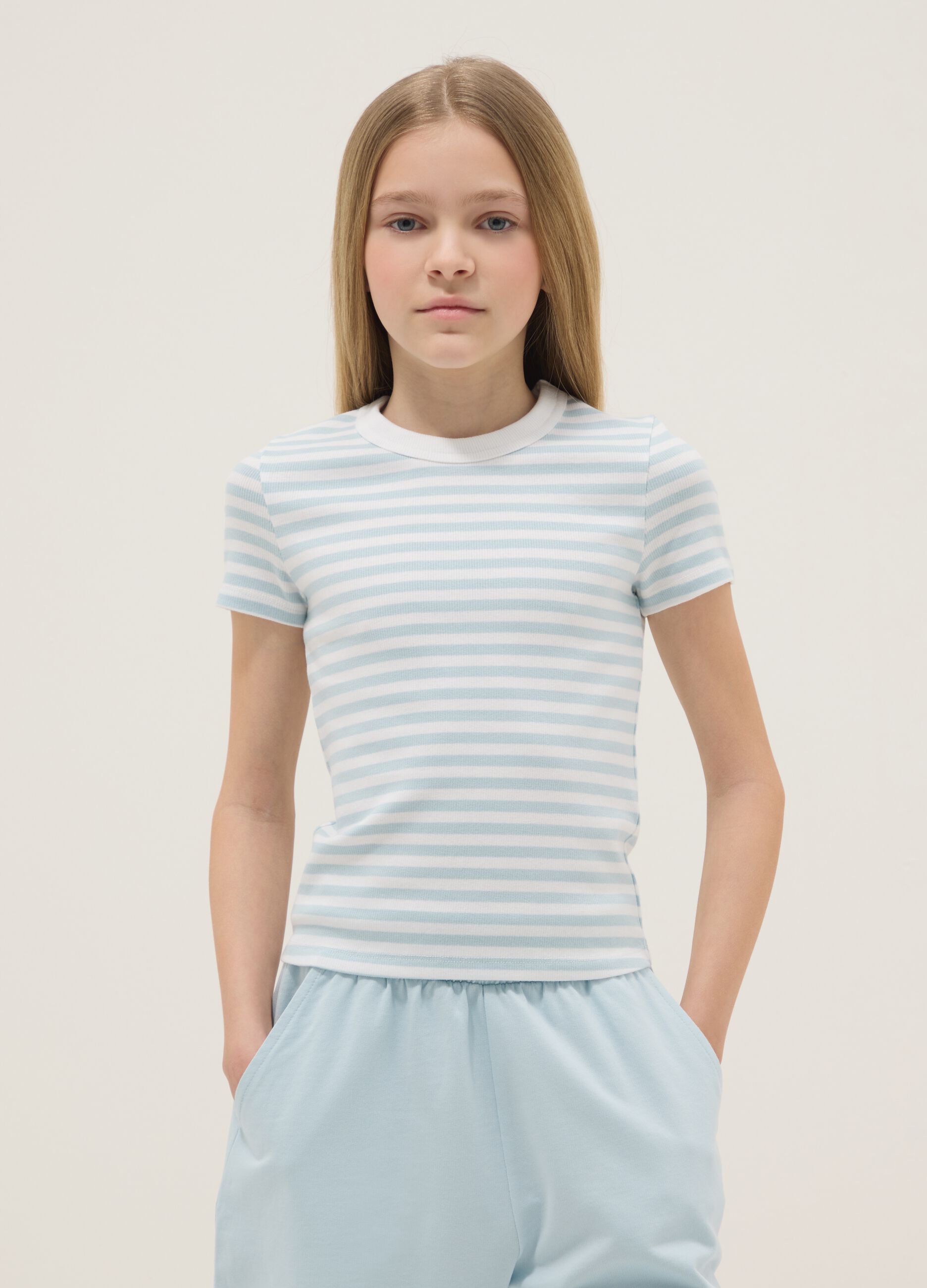 Multicolour striped slim fit stretch cotton girls' T-shirt