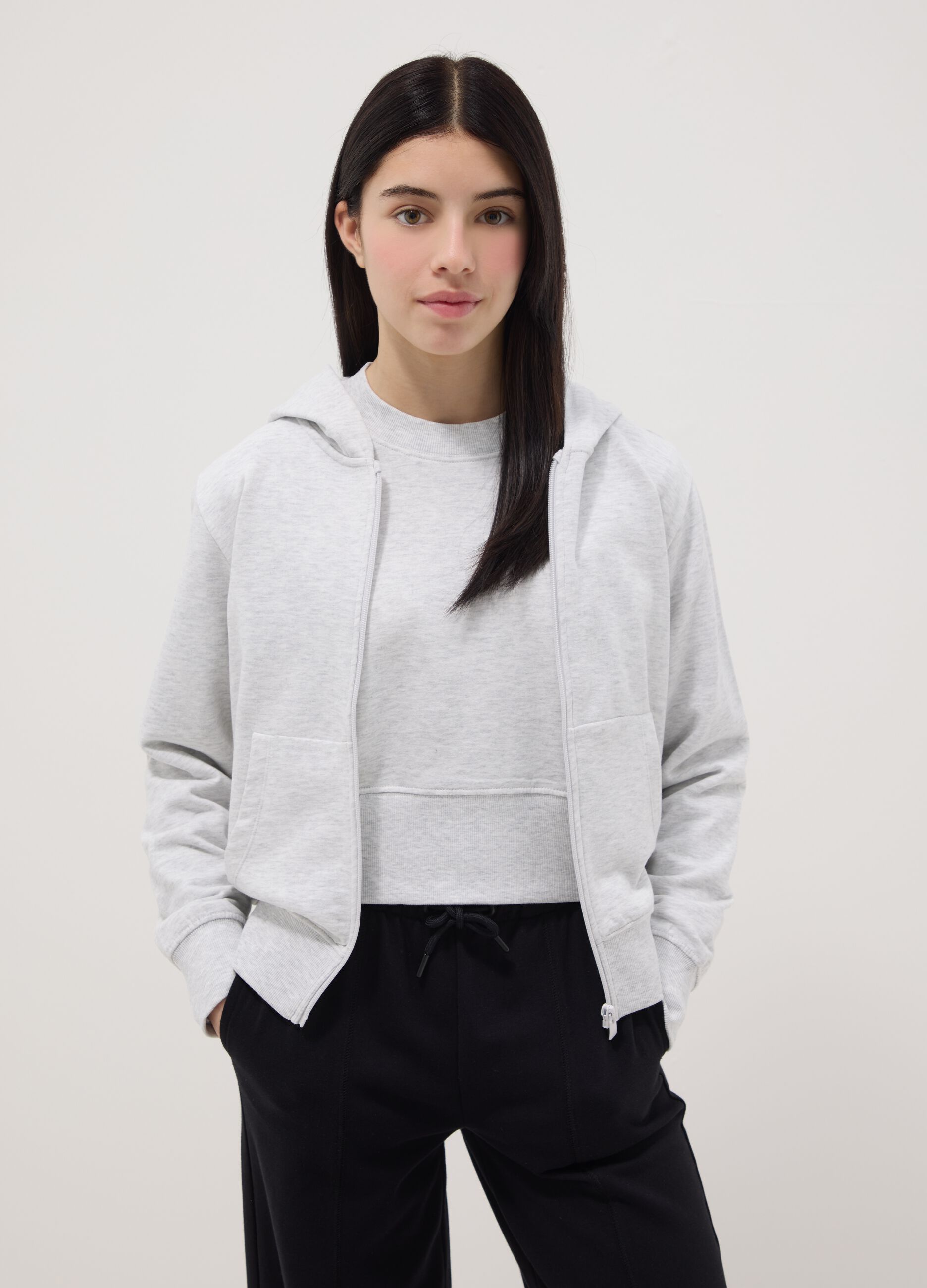 Grey pure cotton hoodie for girls, regular fit with zip