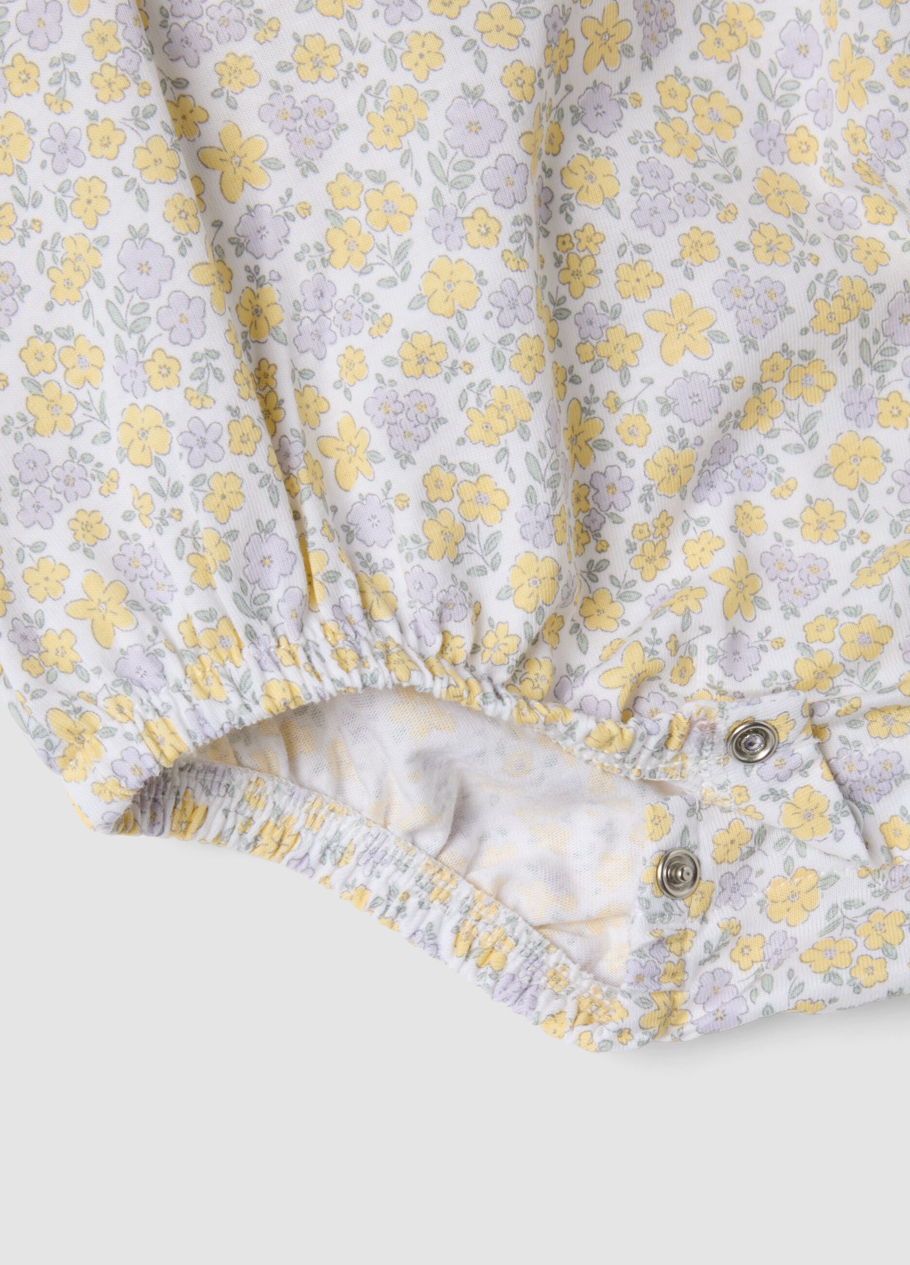 White pure organic cotton bodysuit with collar and floral print