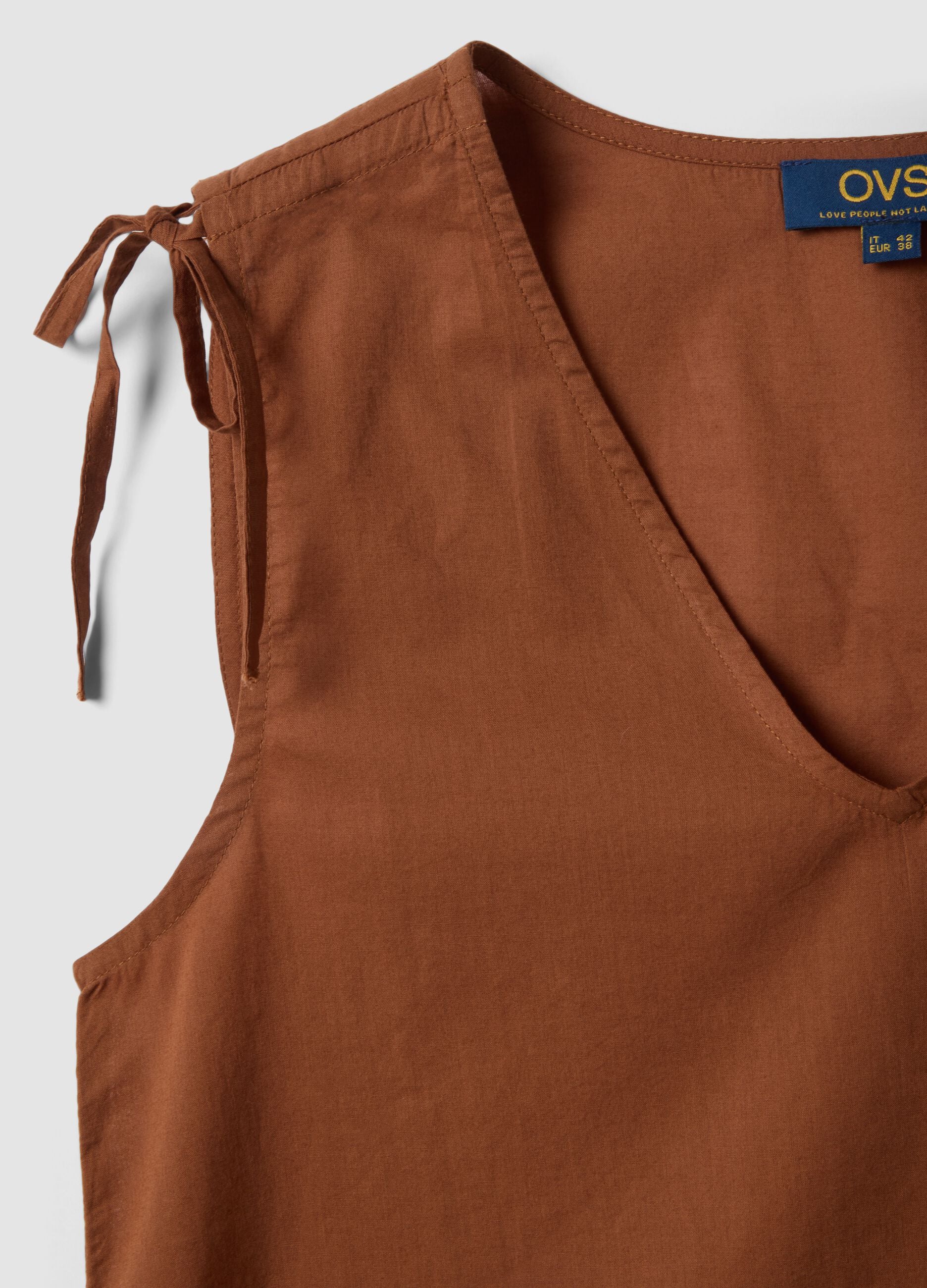 Brown pure cotton V-neck blouse