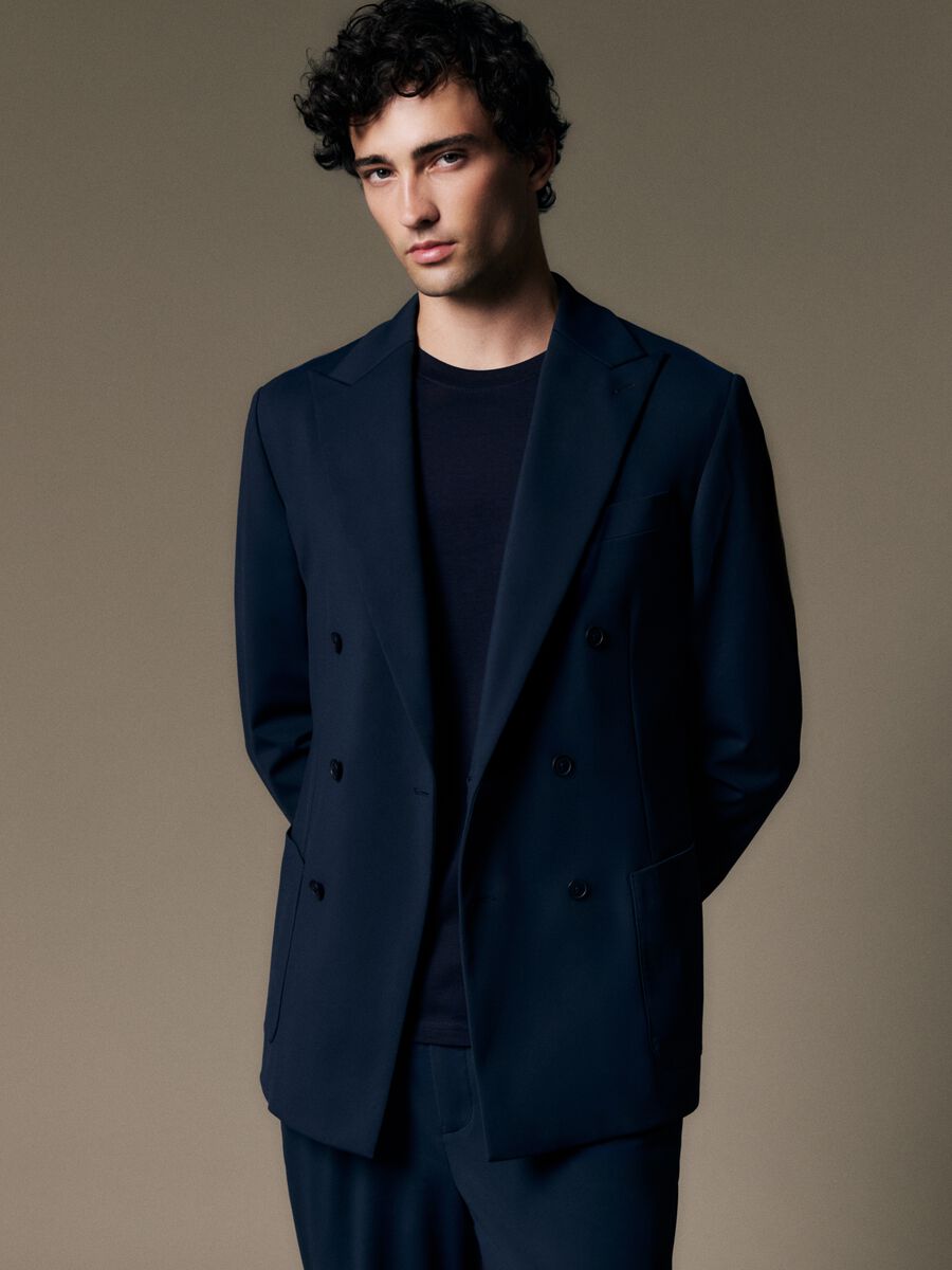 Blue Stretch Fabric Slim Fit Blazer_0