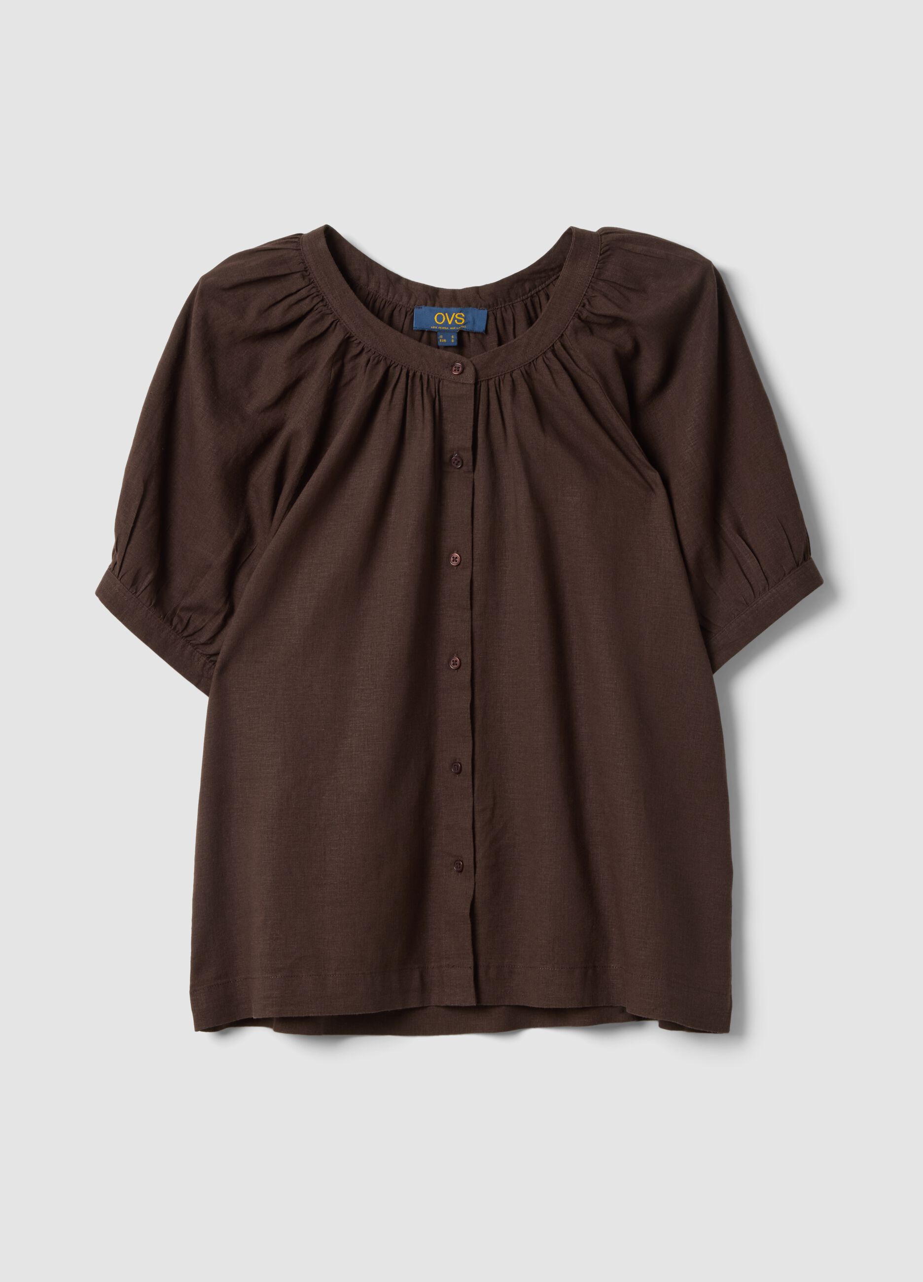 Brown linen blend regular fit shirt with Mandarin collar