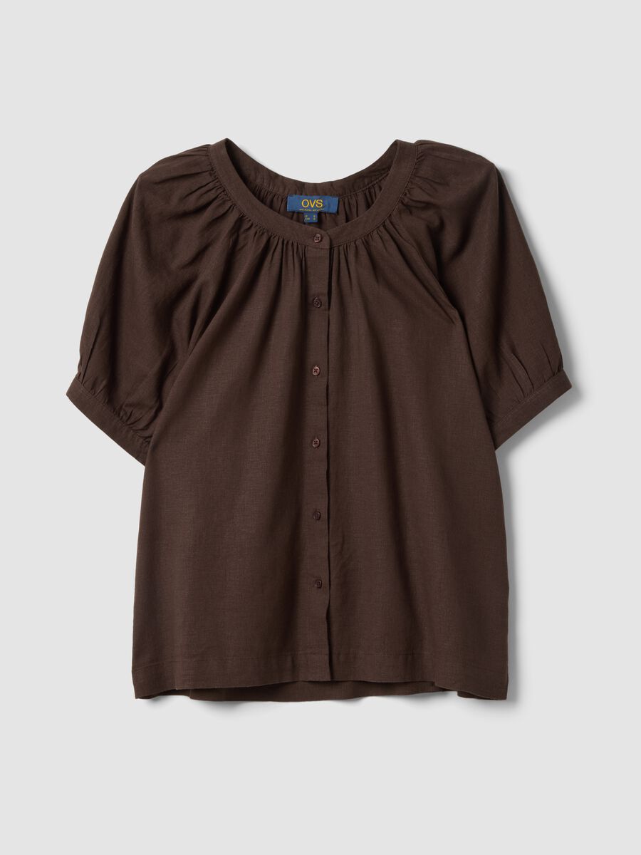 Brown linen blend regular fit shirt with Mandarin collar_4