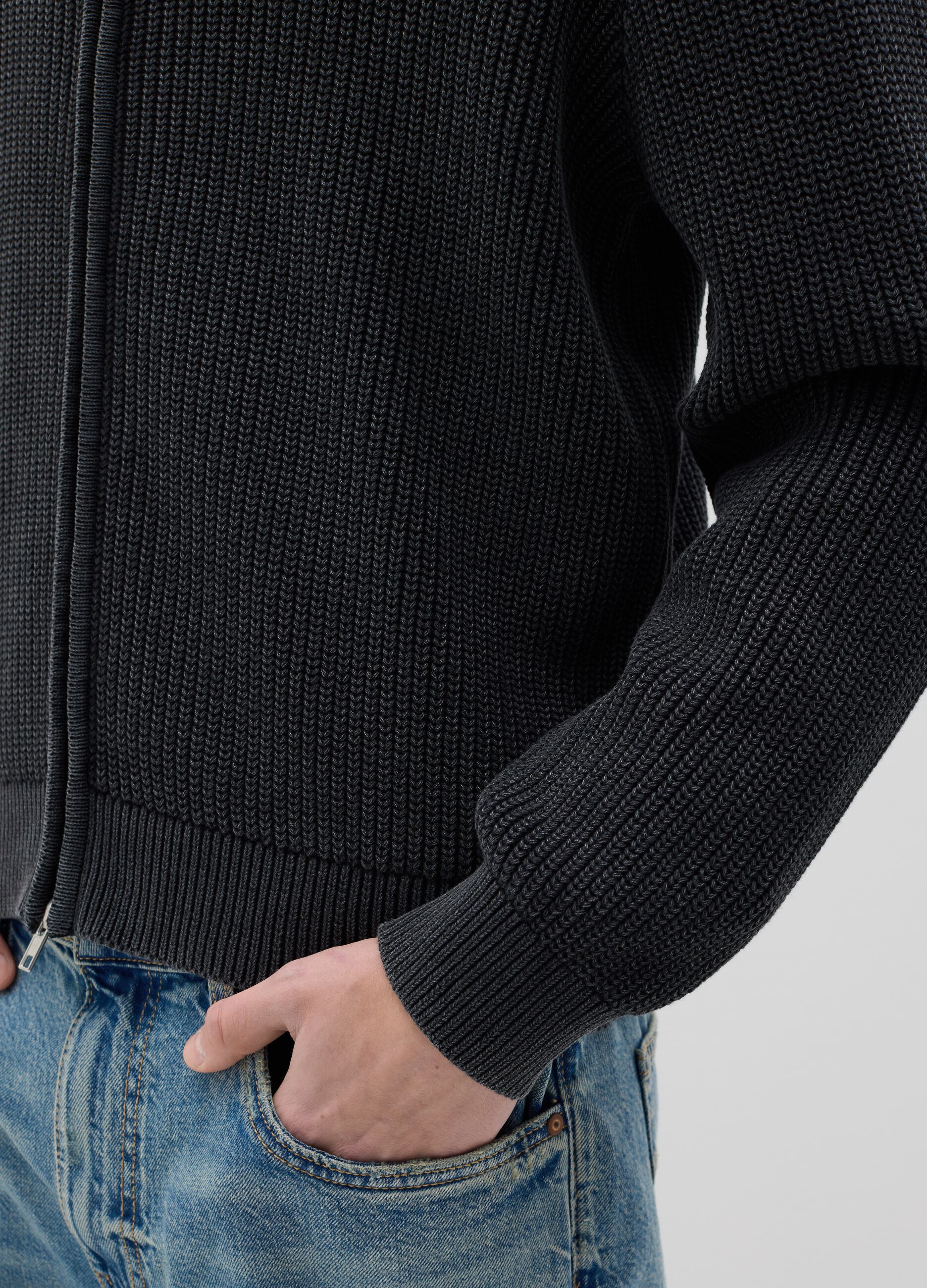 Full-zip cardigan in ribbed cotton