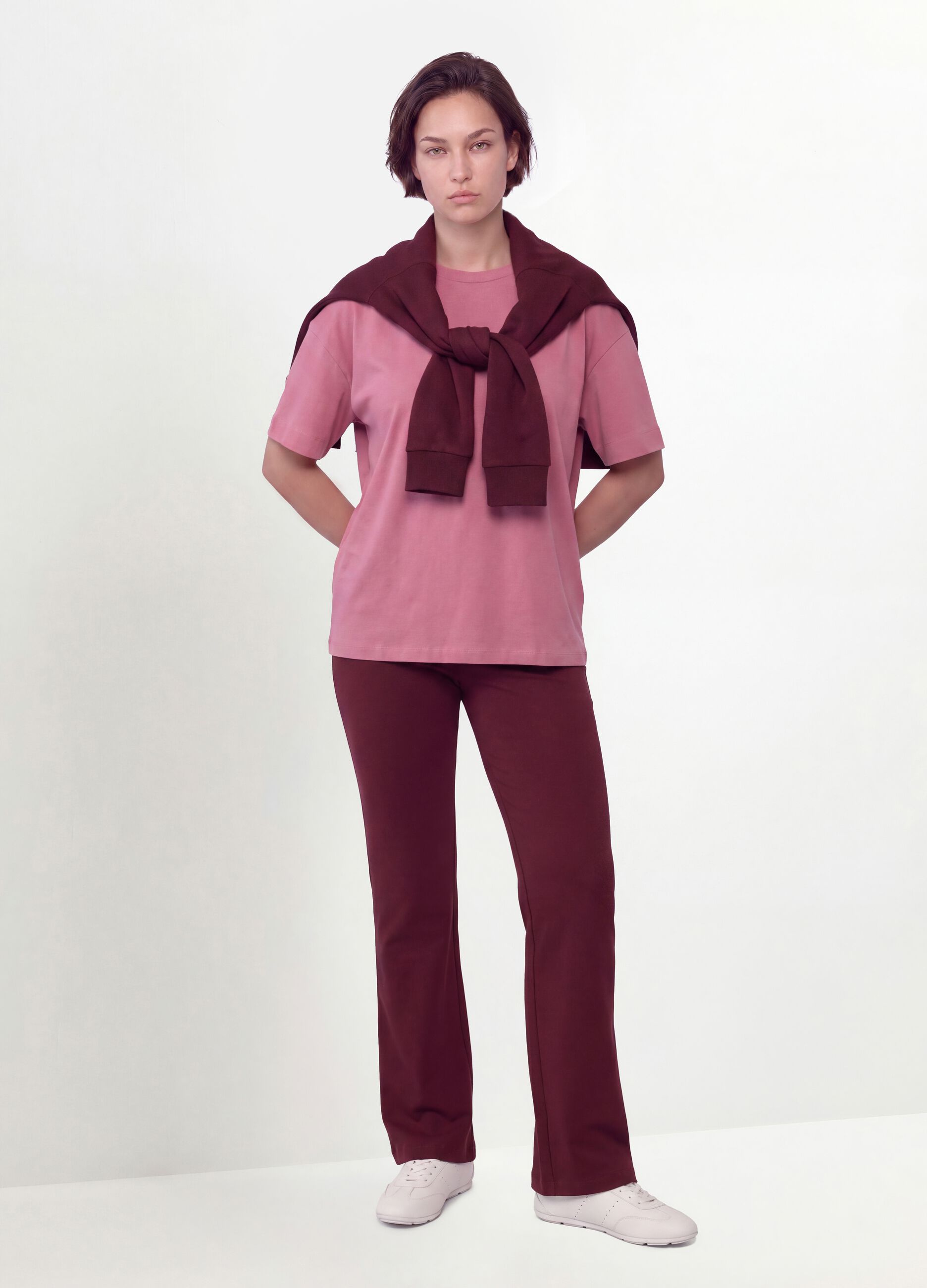 Pink crew-neck T-shirt in stretch cotton-modal blend, regular fit