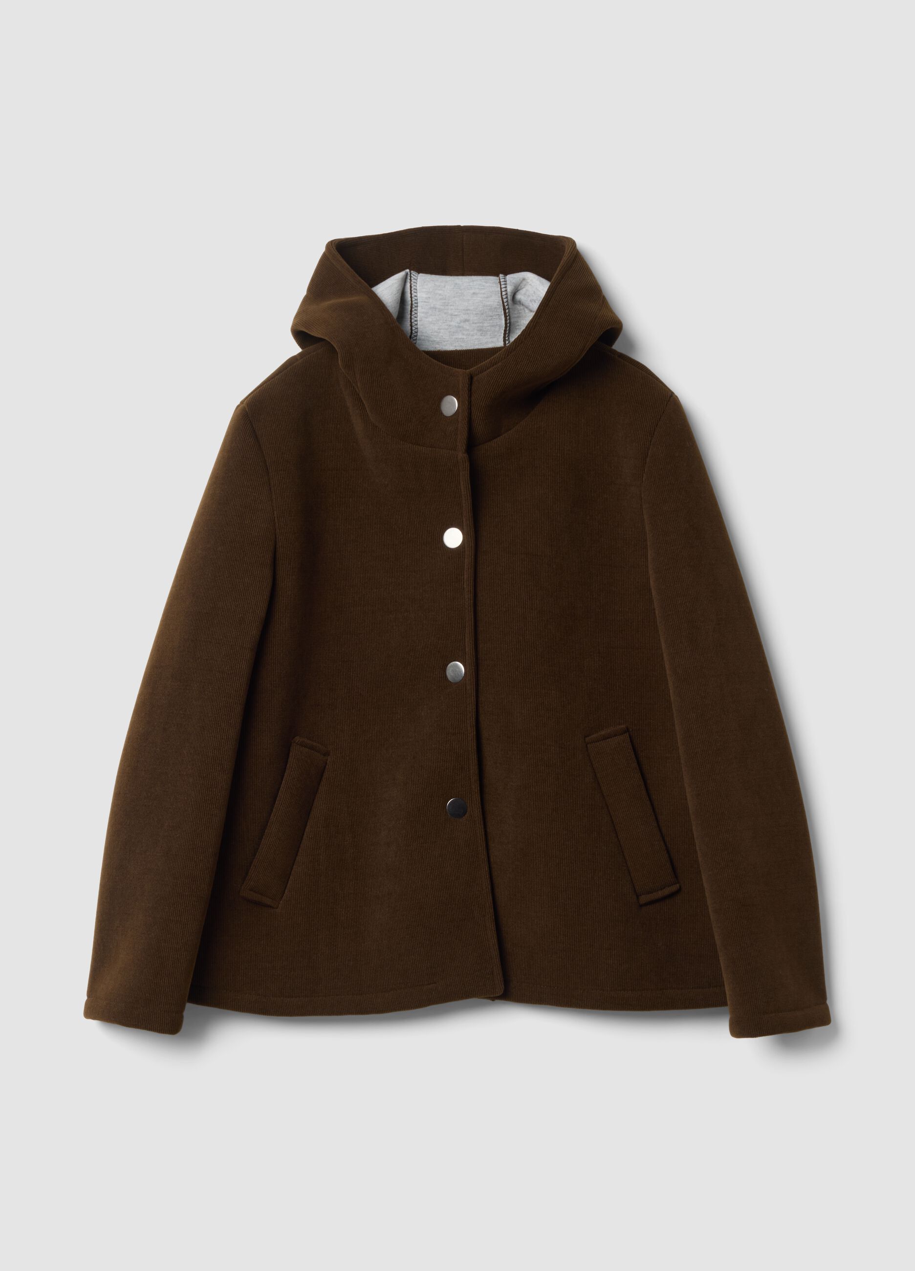 Cappotto marrone con cappuccio in viscosa elasticizzata regular fit