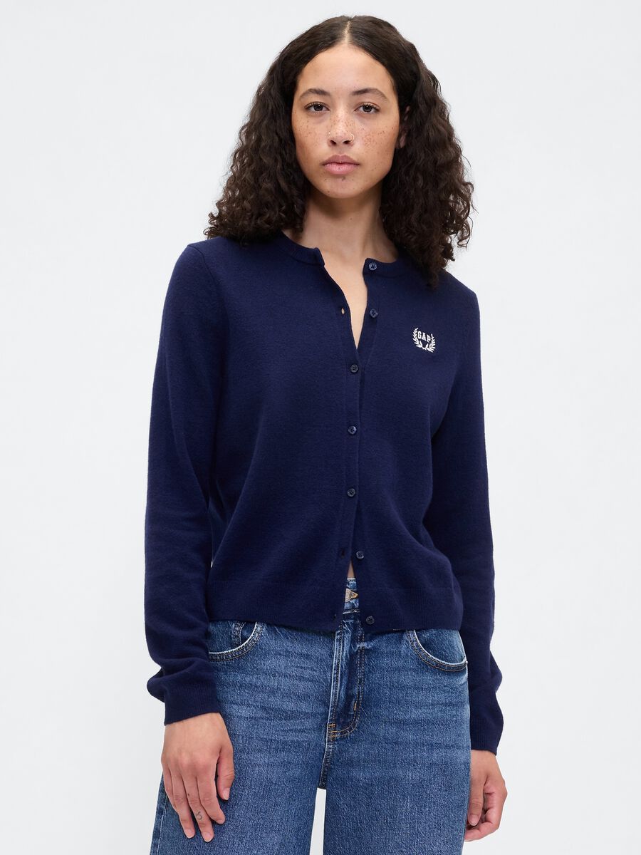 Cardigan blu in misto tessuti_0
