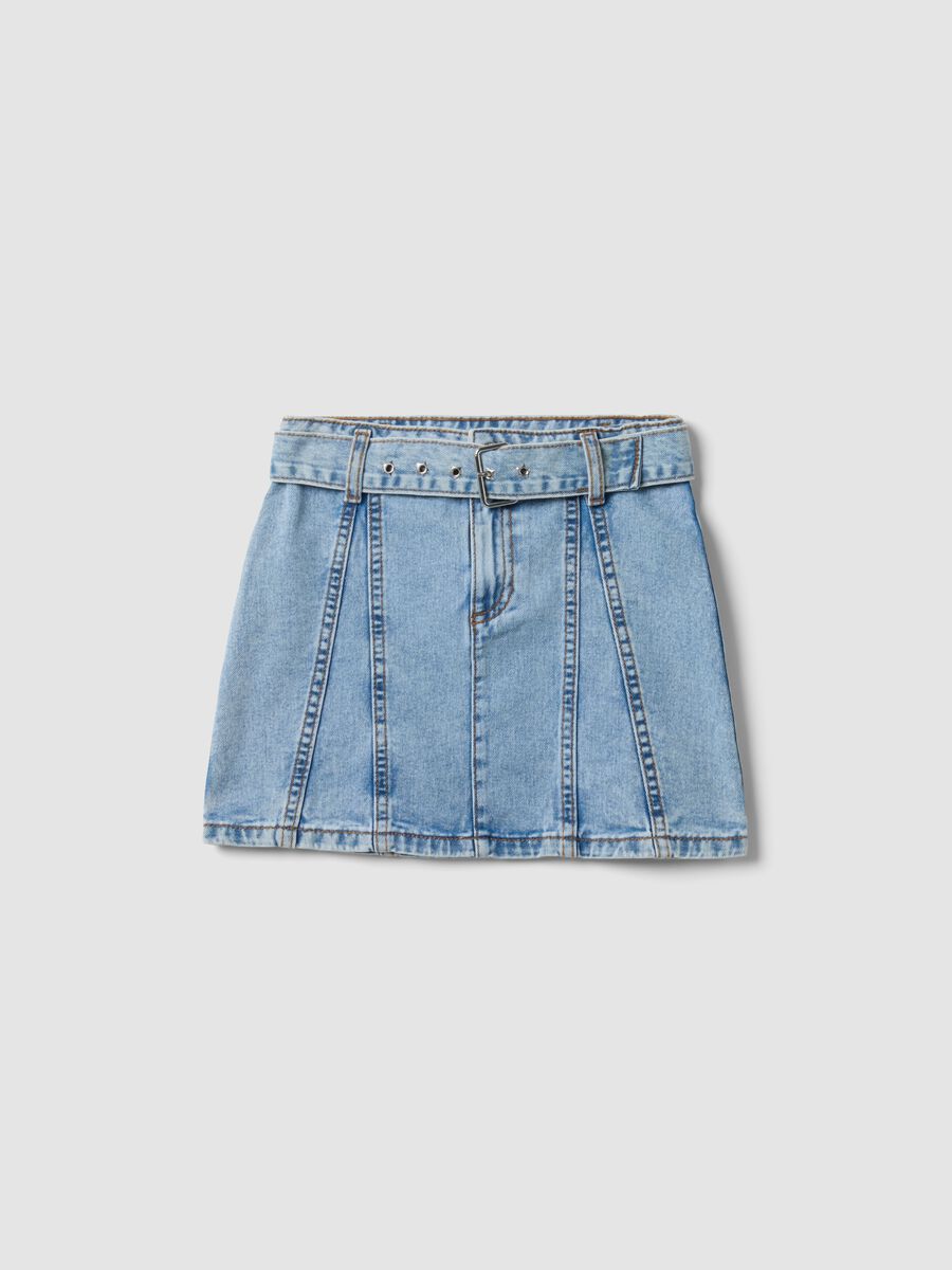 Light blue denim skirt in pure cotton with matching belt for girls_0
