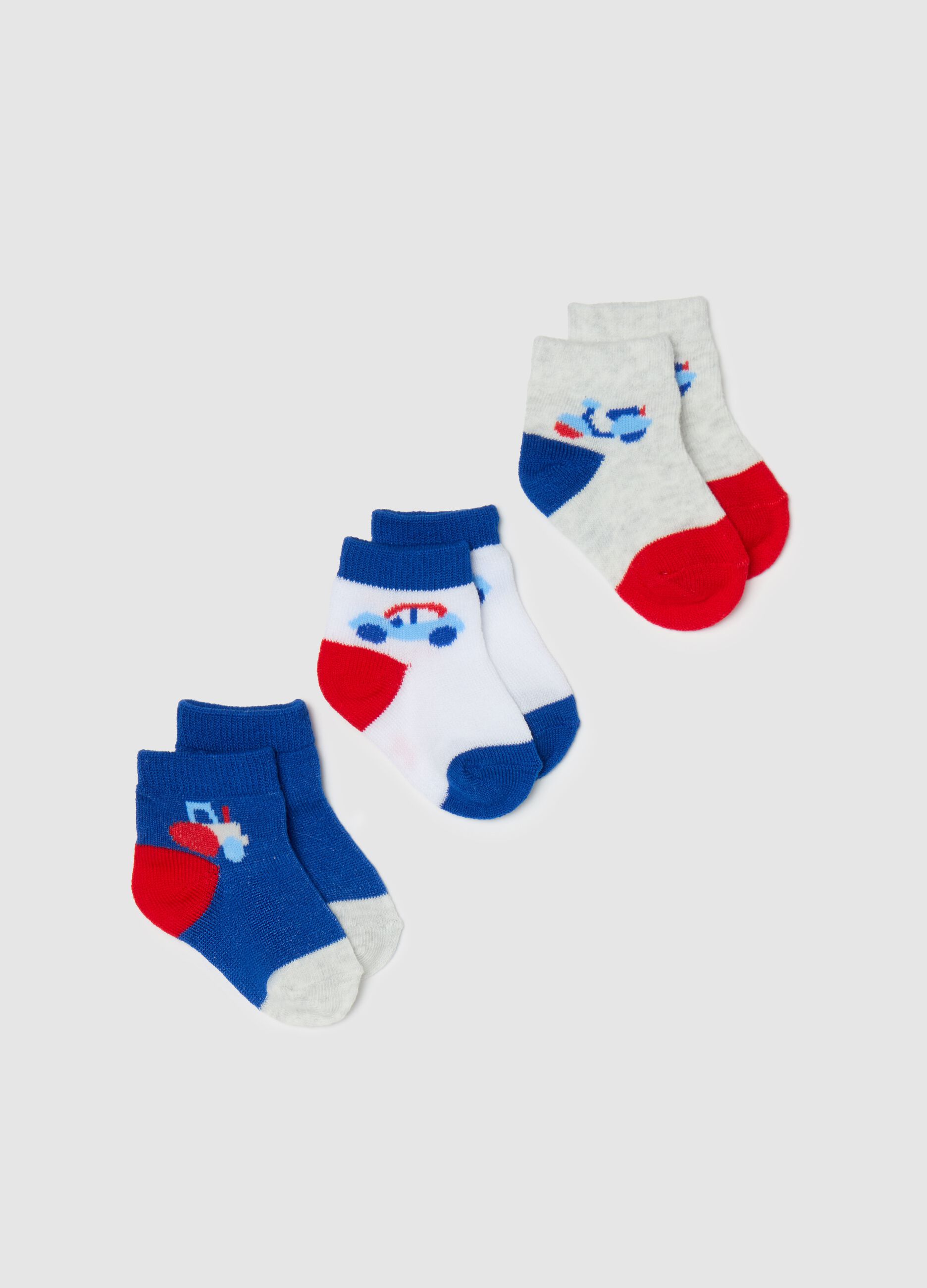 Three-pair pack stretch short socks with transportation design