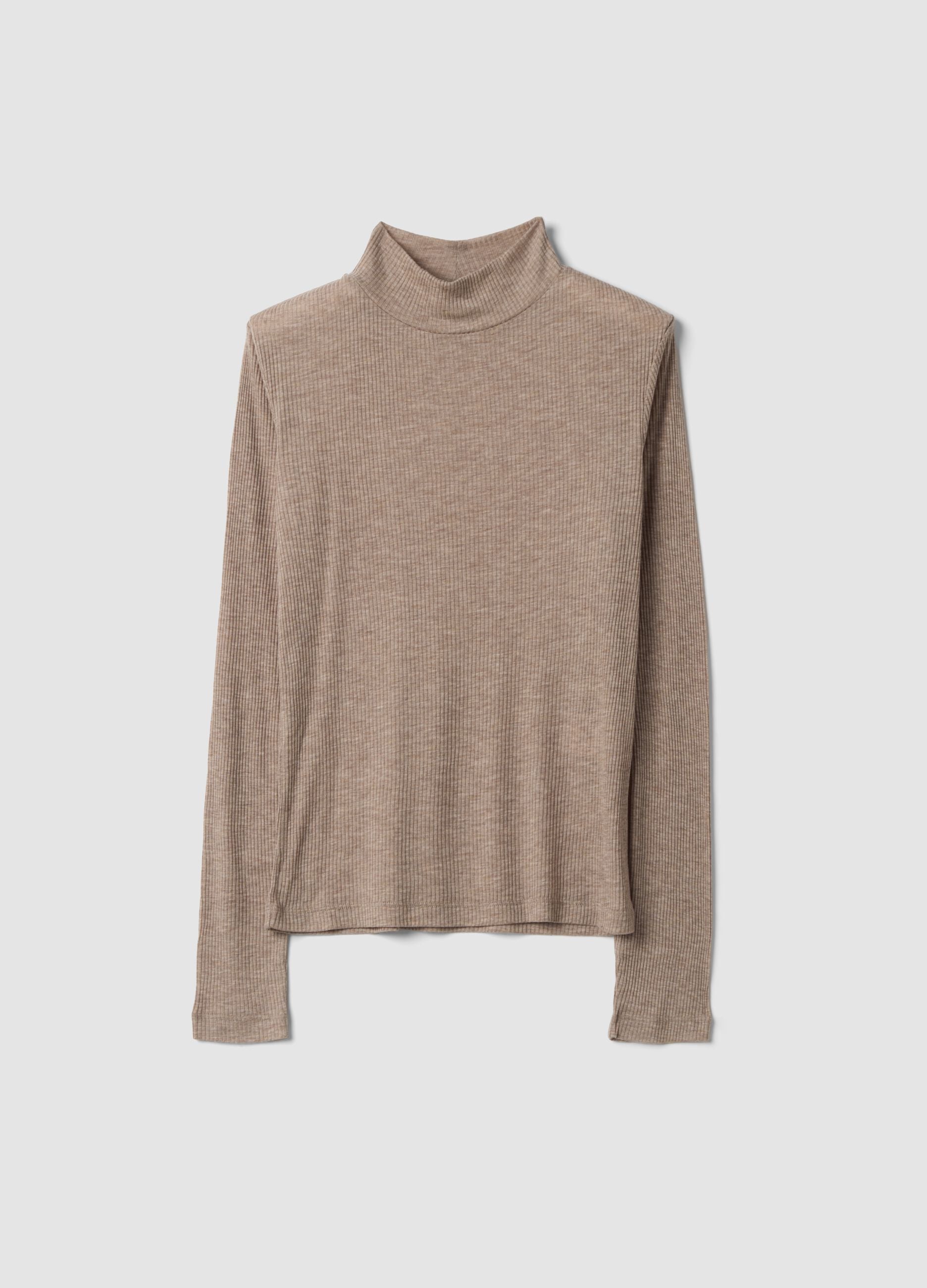 Beige ribbed lyocell-wool blend T-shirt, regular fit