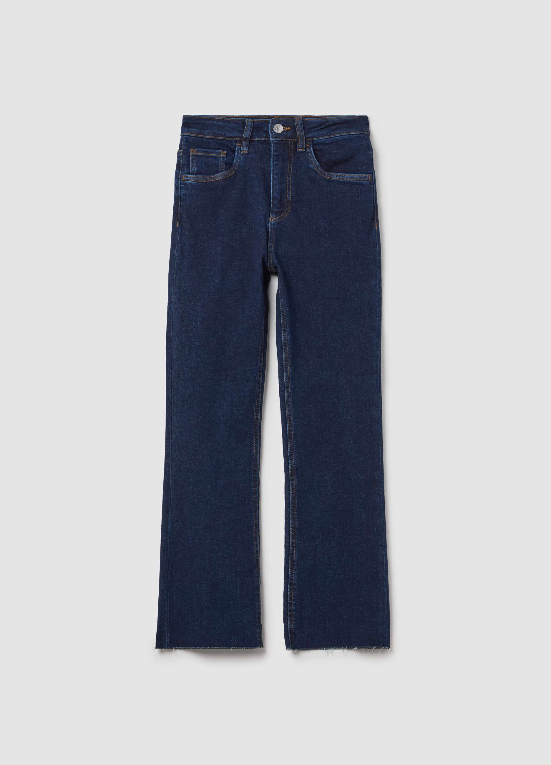 Cropped blue flare-fit jeans with raw edging