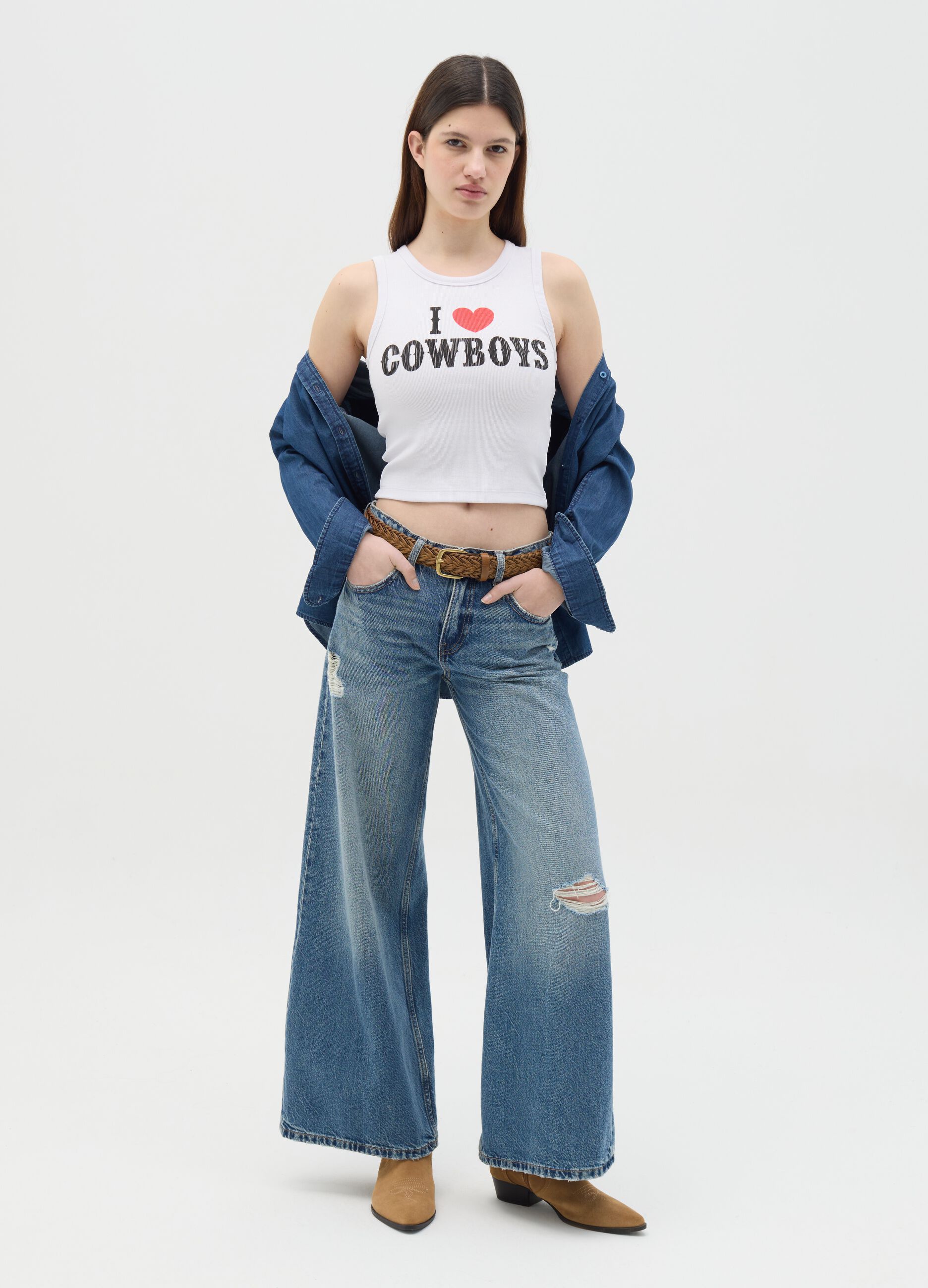 White ribbed tank top with "I love Cowboys" print