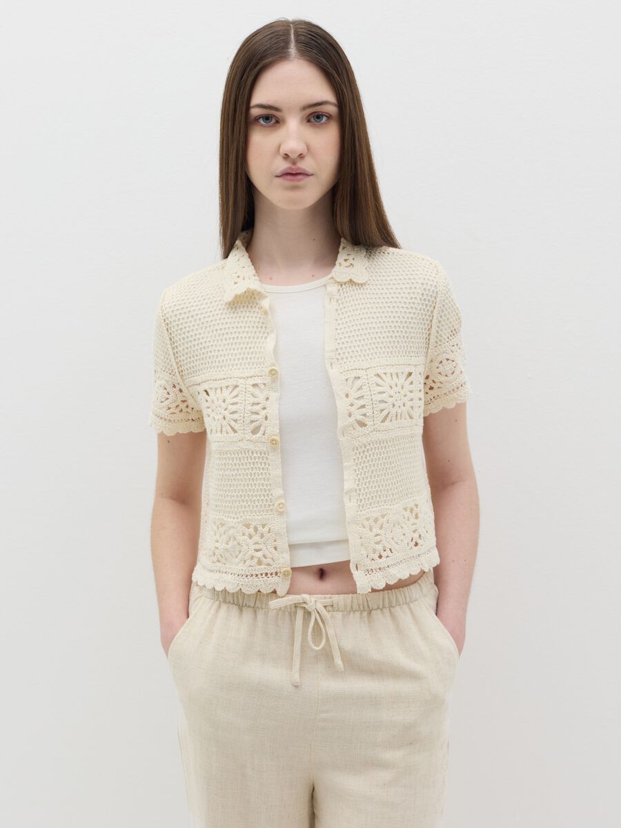 Women’s short, beige regular-fit shirt in cotton blend._0