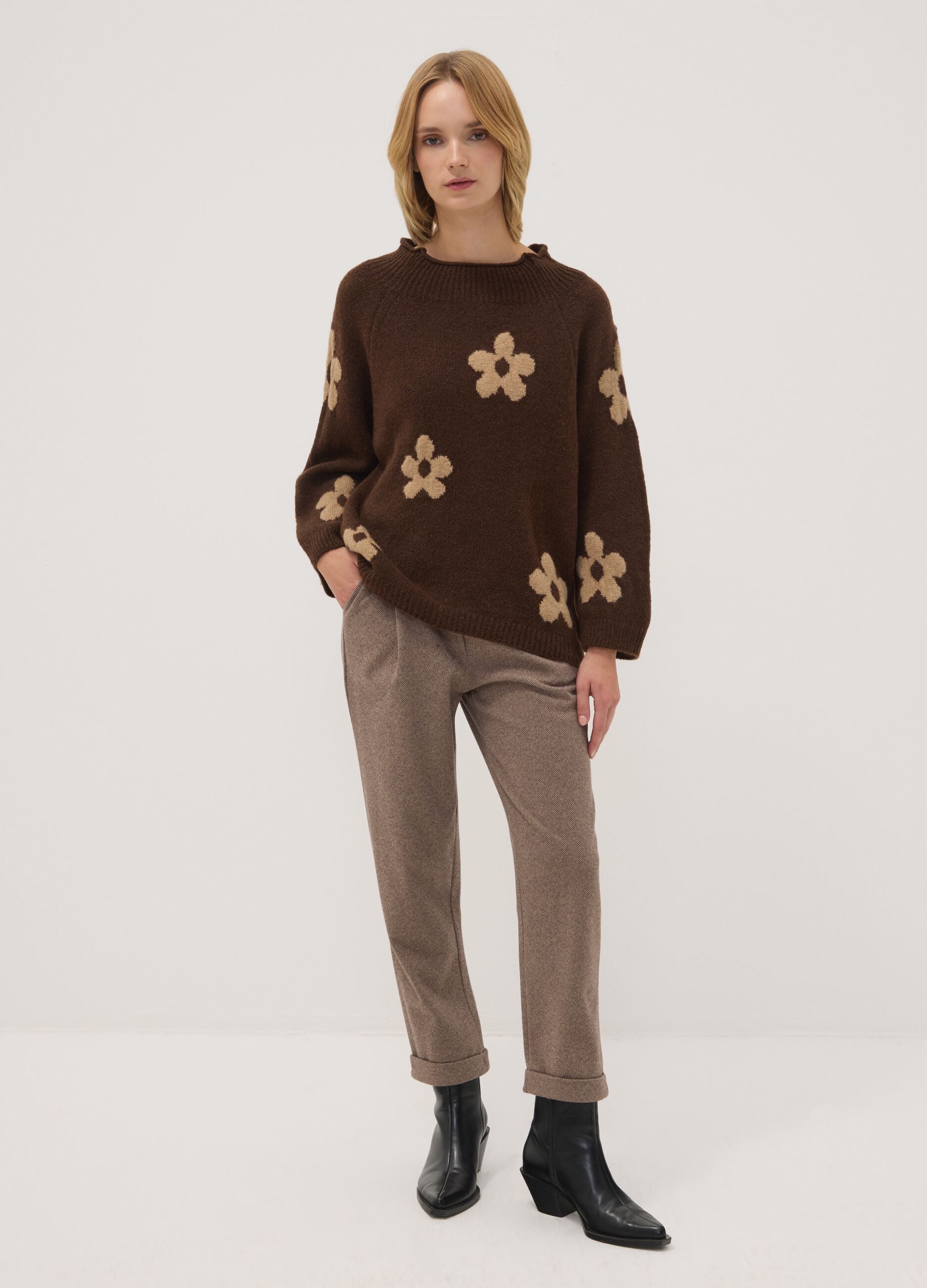 Brown and orange wool-blend floral jumper