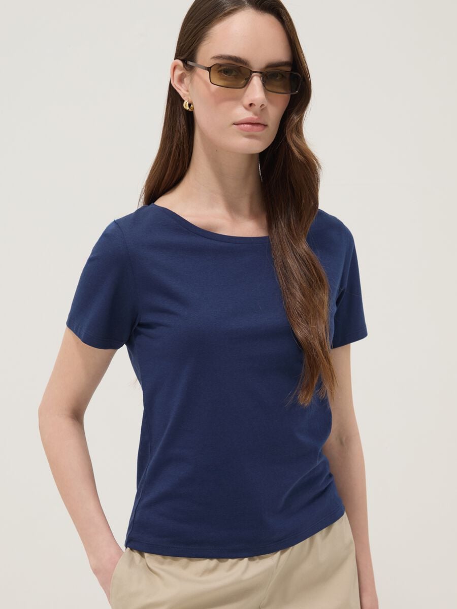 T-shirt blu in puro cotone a maniche corte_0