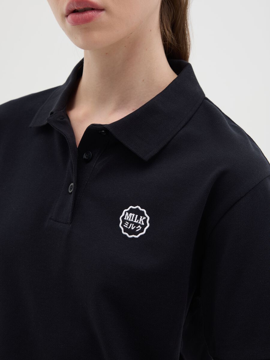 Women's black pure cotton regular fit polo with classic collar and embroidered logo_2
