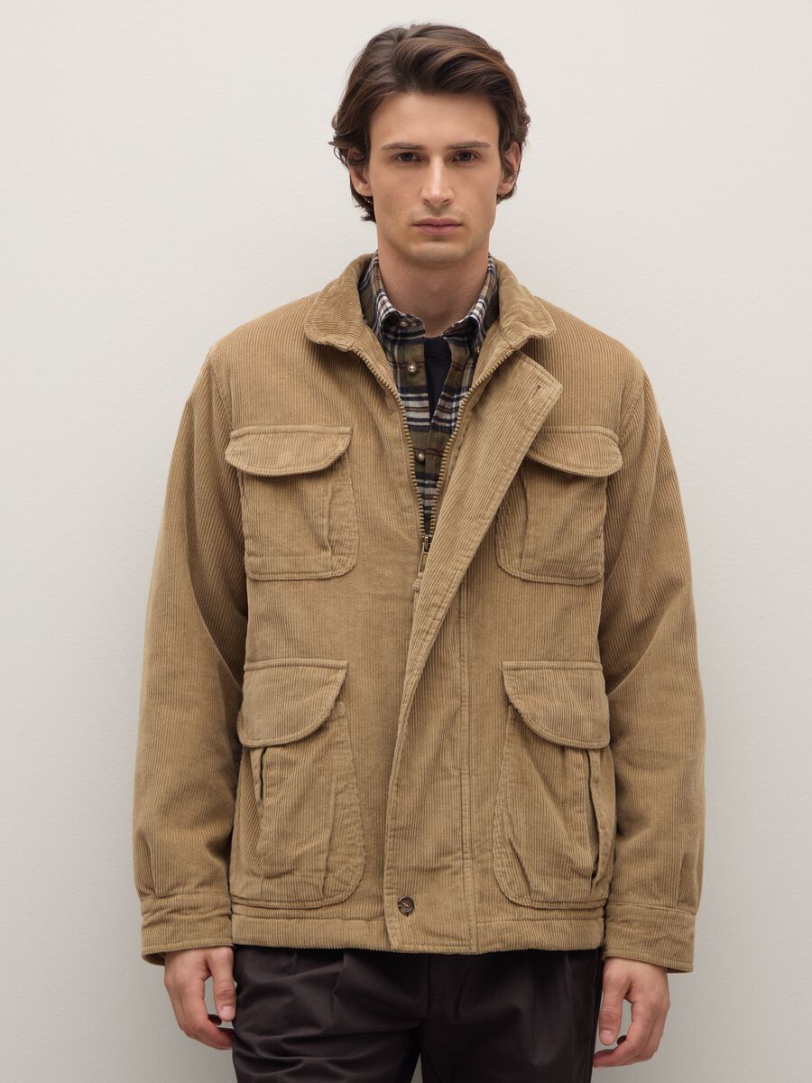 Beige pure cotton regular fit jacket with pockets and zip_1