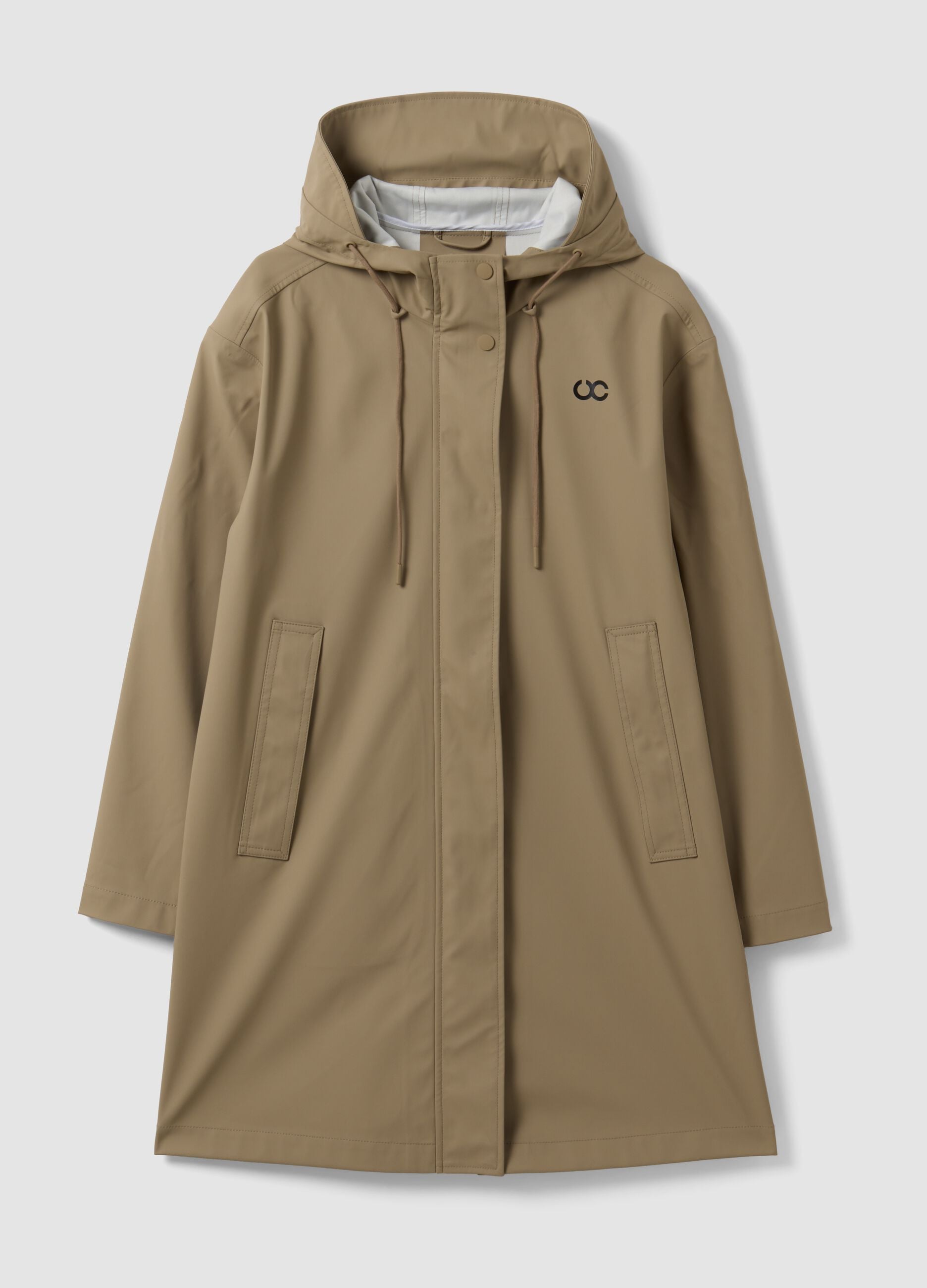 Giacca lunga beige con cappuccio e zip