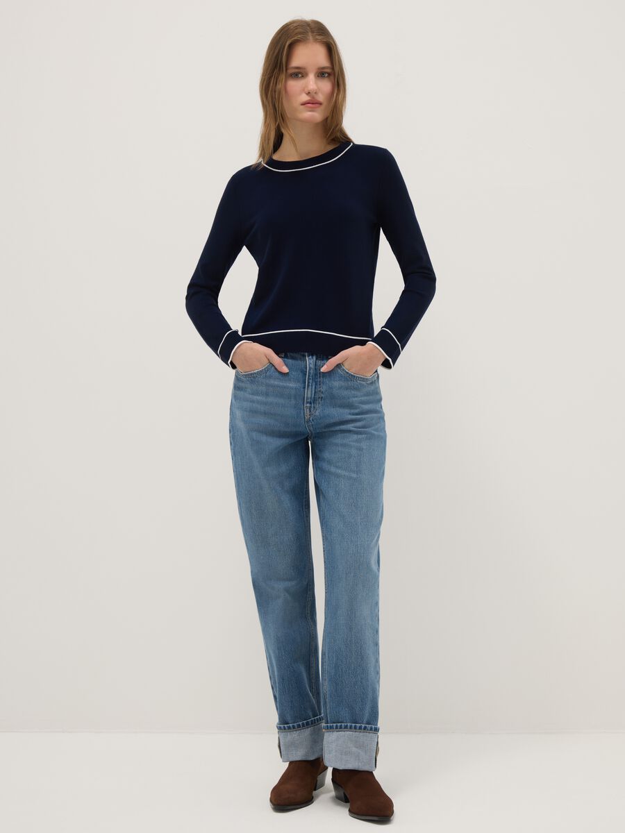 Regular fit blue crew neck jumper with contrast details_1