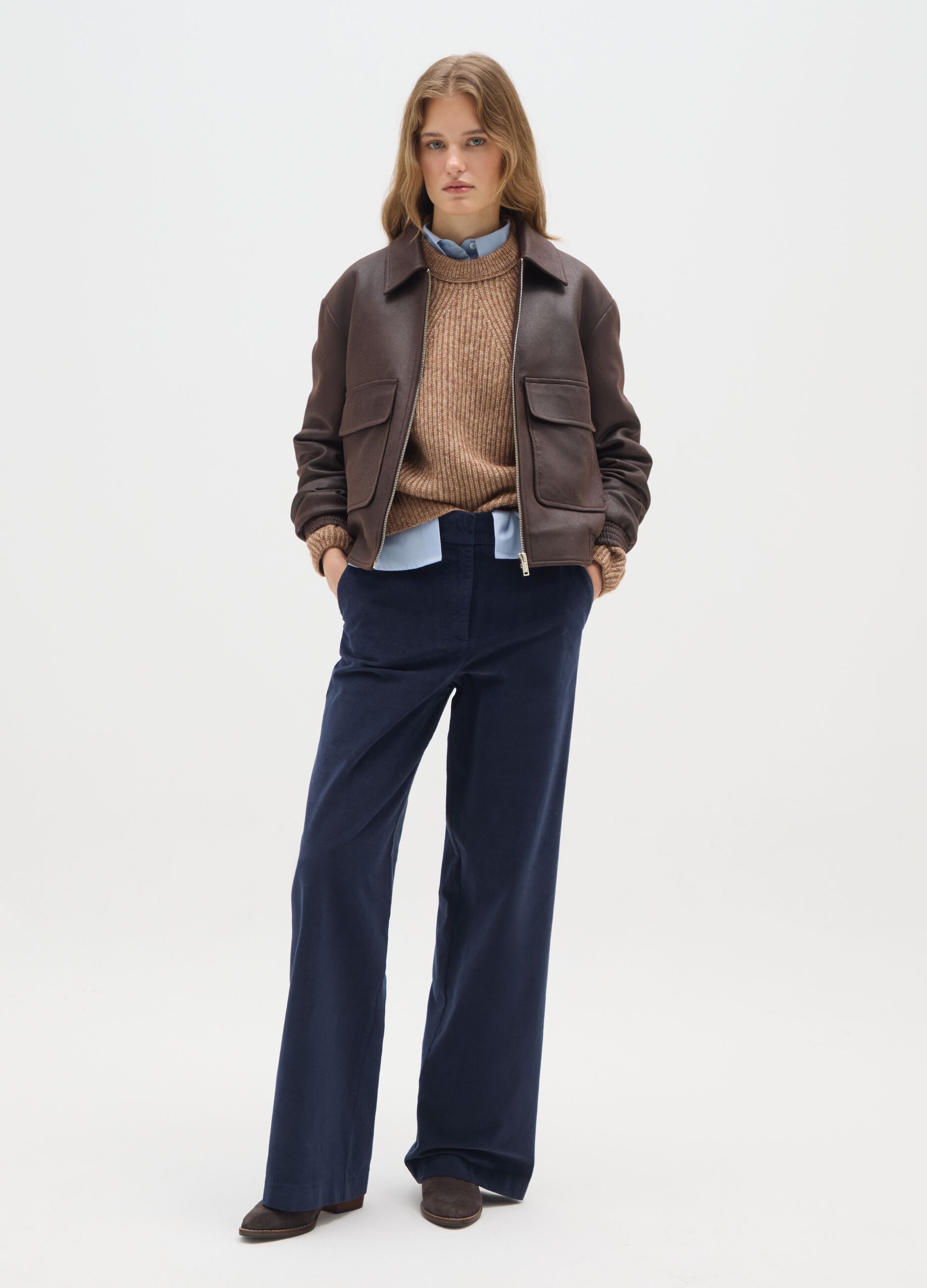Regular fit blue velvet and cotton trousers