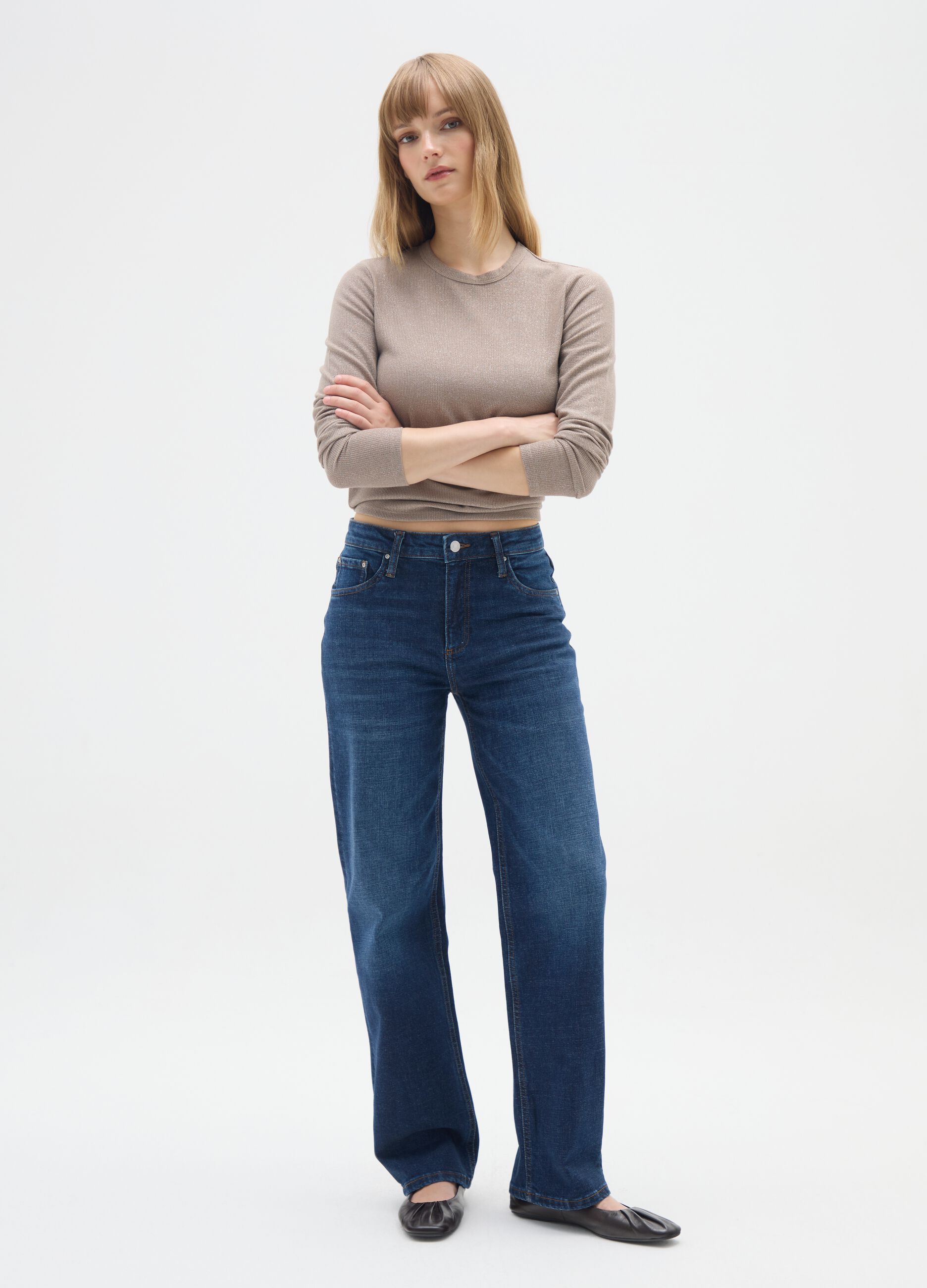 Beige long-sleeve stretch top