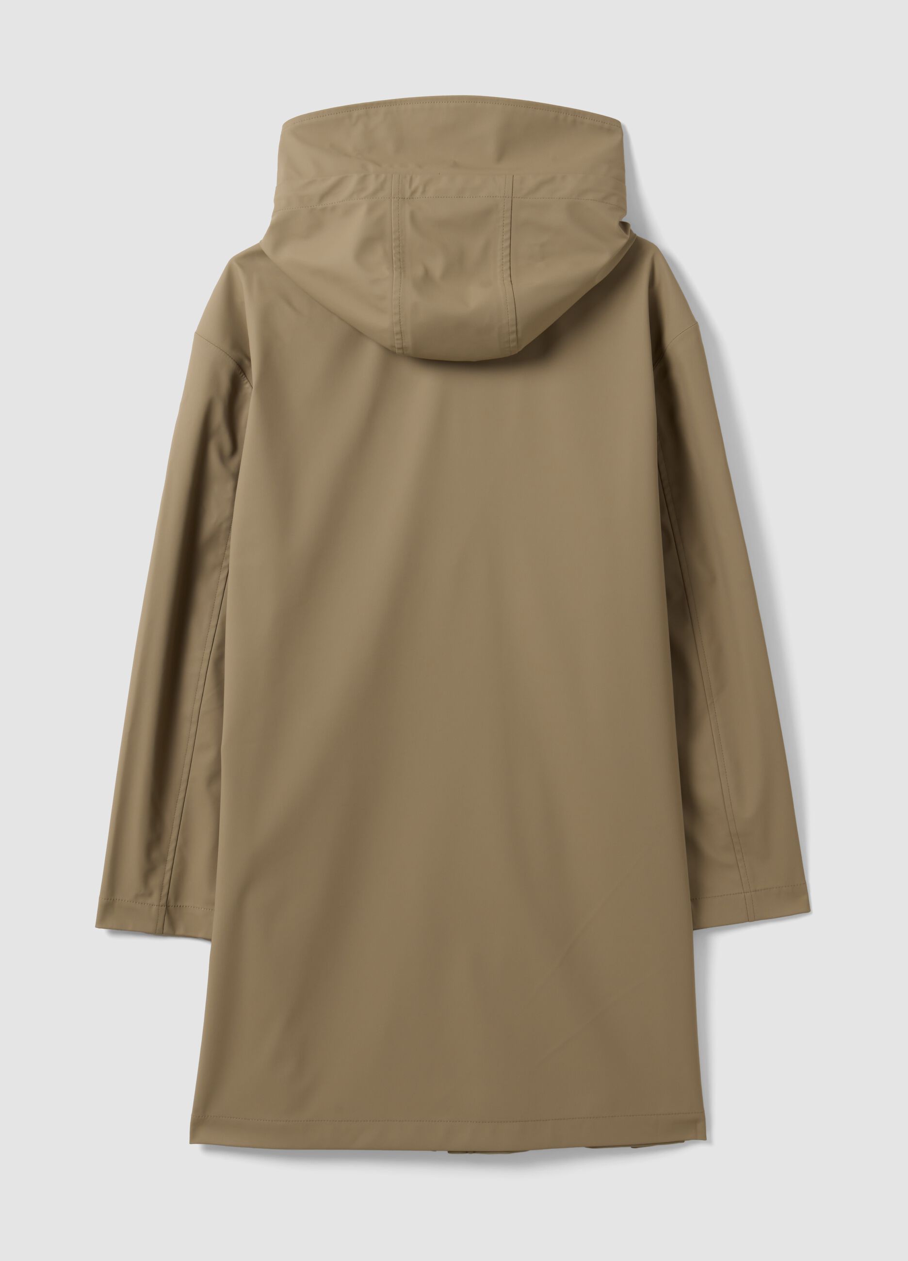 Giacca lunga beige con cappuccio e zip