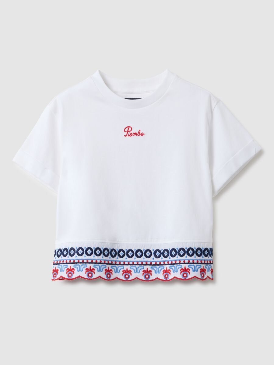 Girls' white pure cotton T-shirt regular fit with embroidery_0